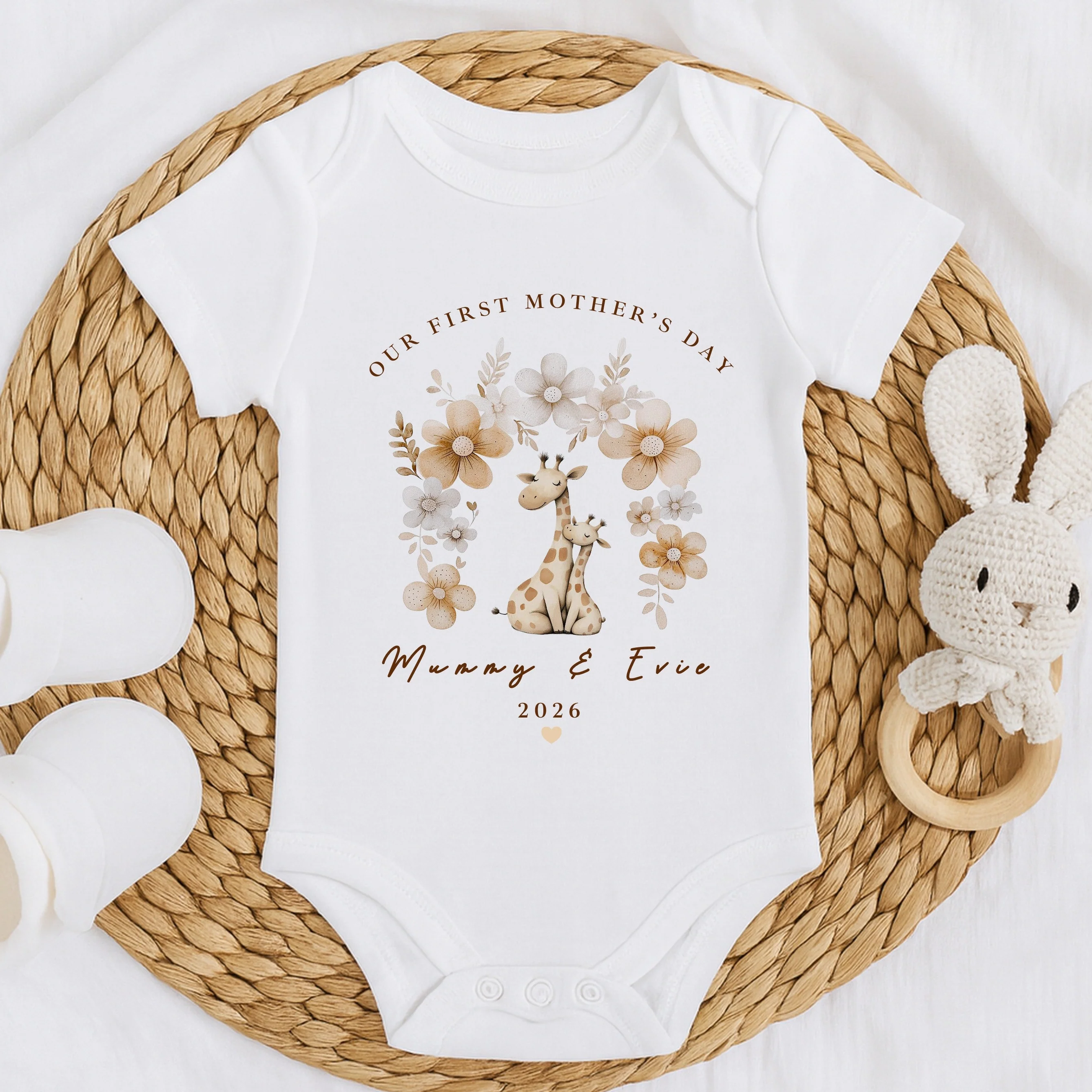Personalised Beige Giraffes Our First Mother's Day Baby Grow, Vest or Bib