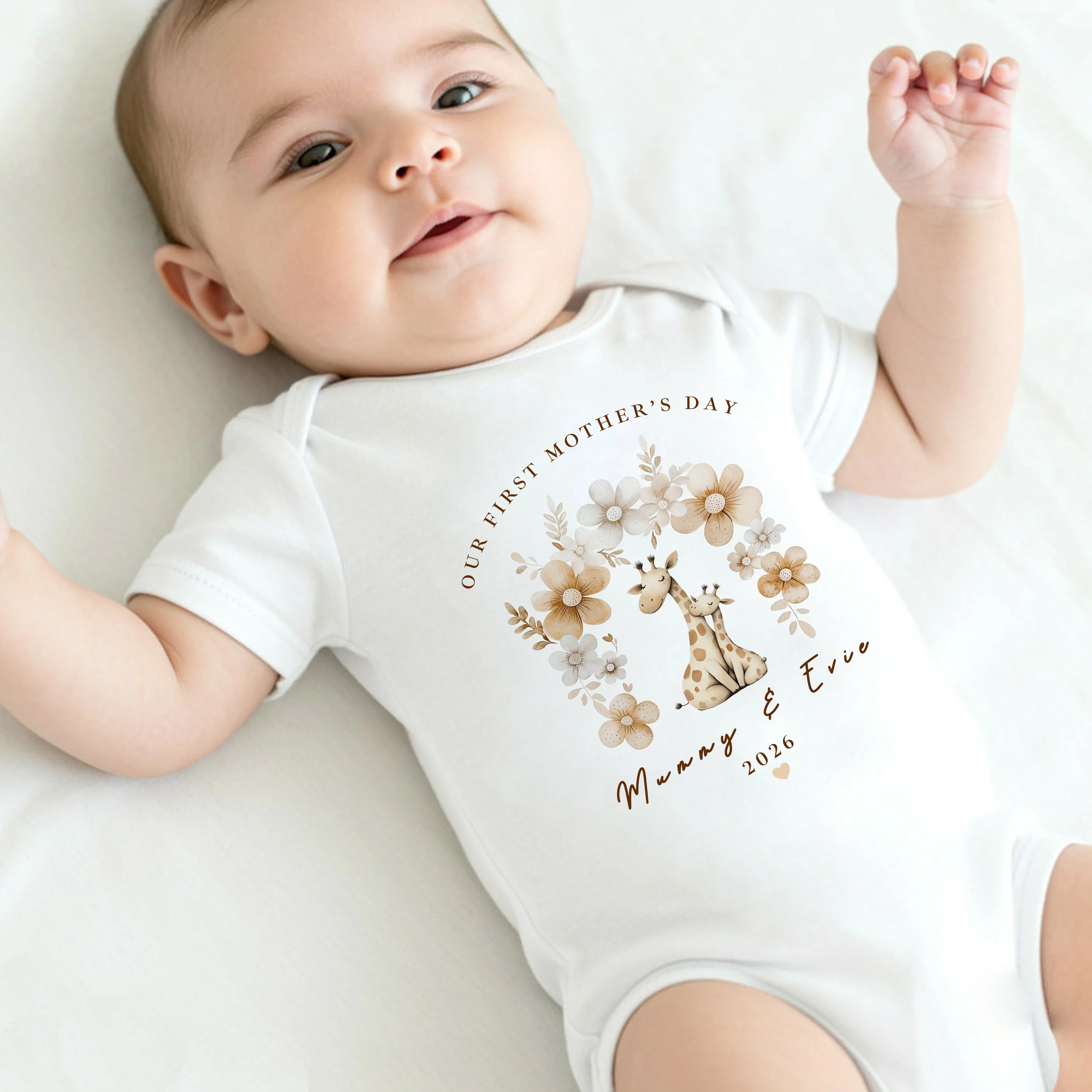 Personalised Beige Giraffes Our First Mother's Day Baby Grow, Vest or Bib - Image 2