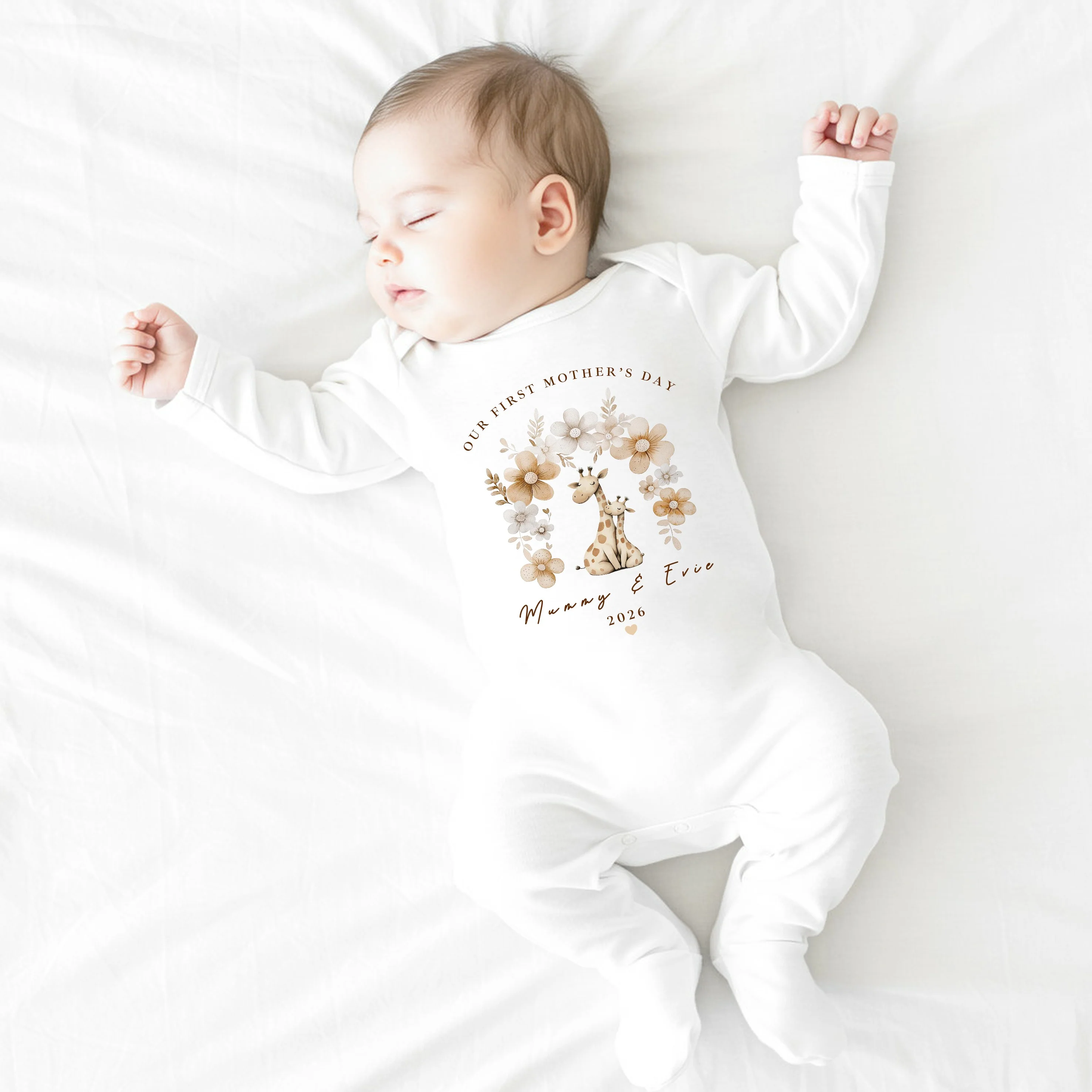 Personalised Beige Giraffes Our First Mother's Day Baby Grow, Vest or Bib - Image 3