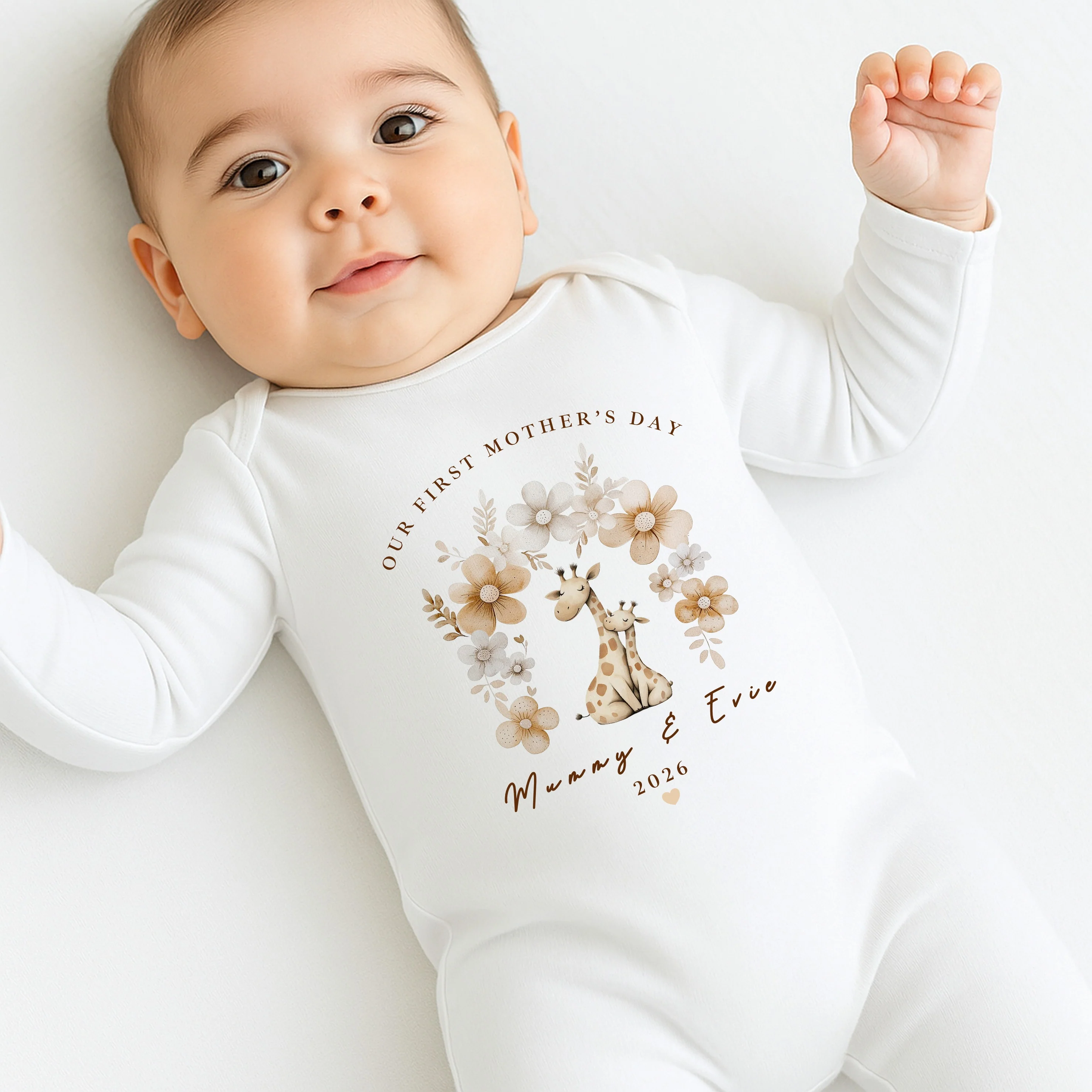 Personalised Beige Giraffes Our First Mother's Day Baby Grow, Vest or Bib - Image 4