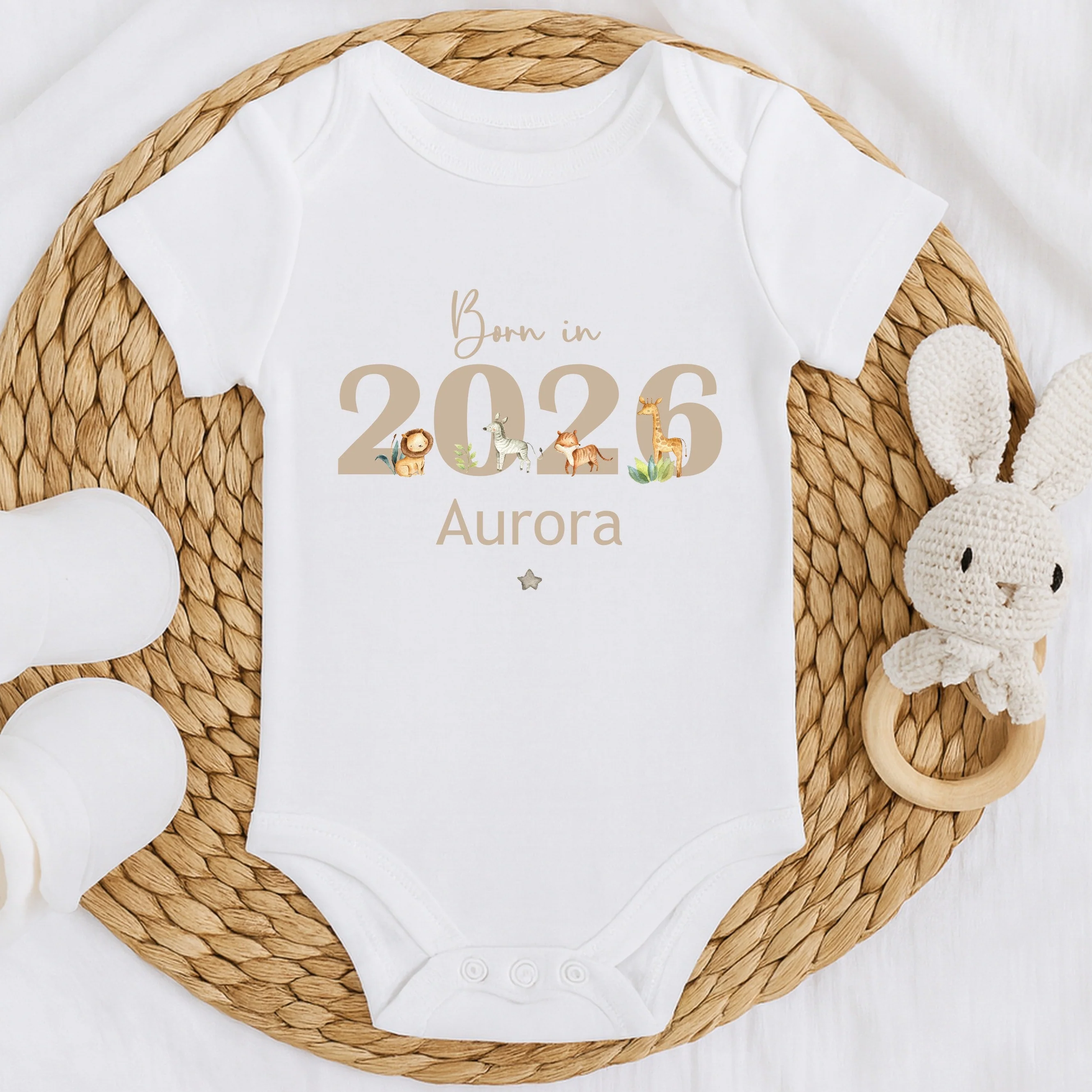 Personalised Beige Jungle Born in 2026 Baby Grow, Vest or Bib