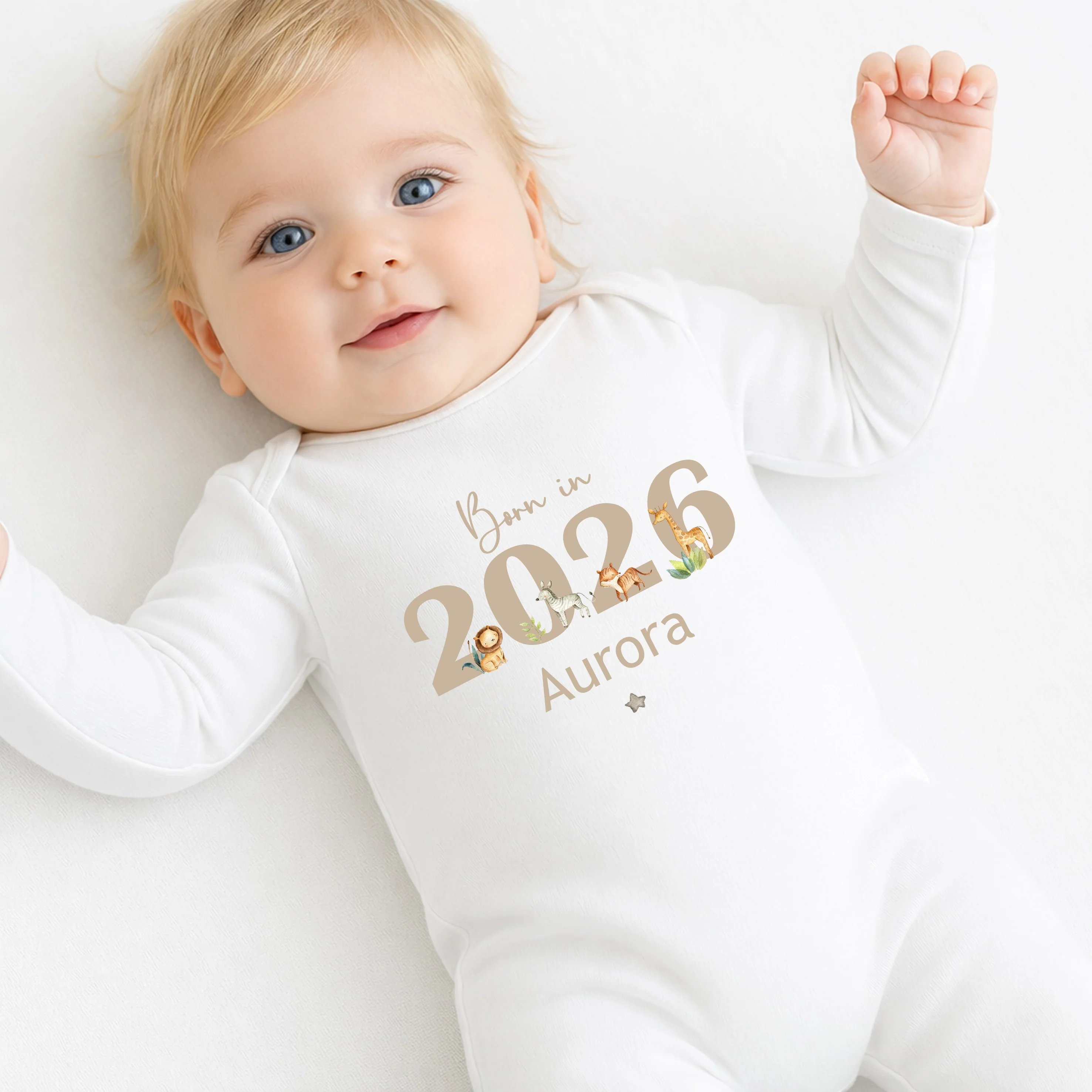 Personalised Beige Jungle Born in 2026 Baby Grow, Vest or Bib - Image 2