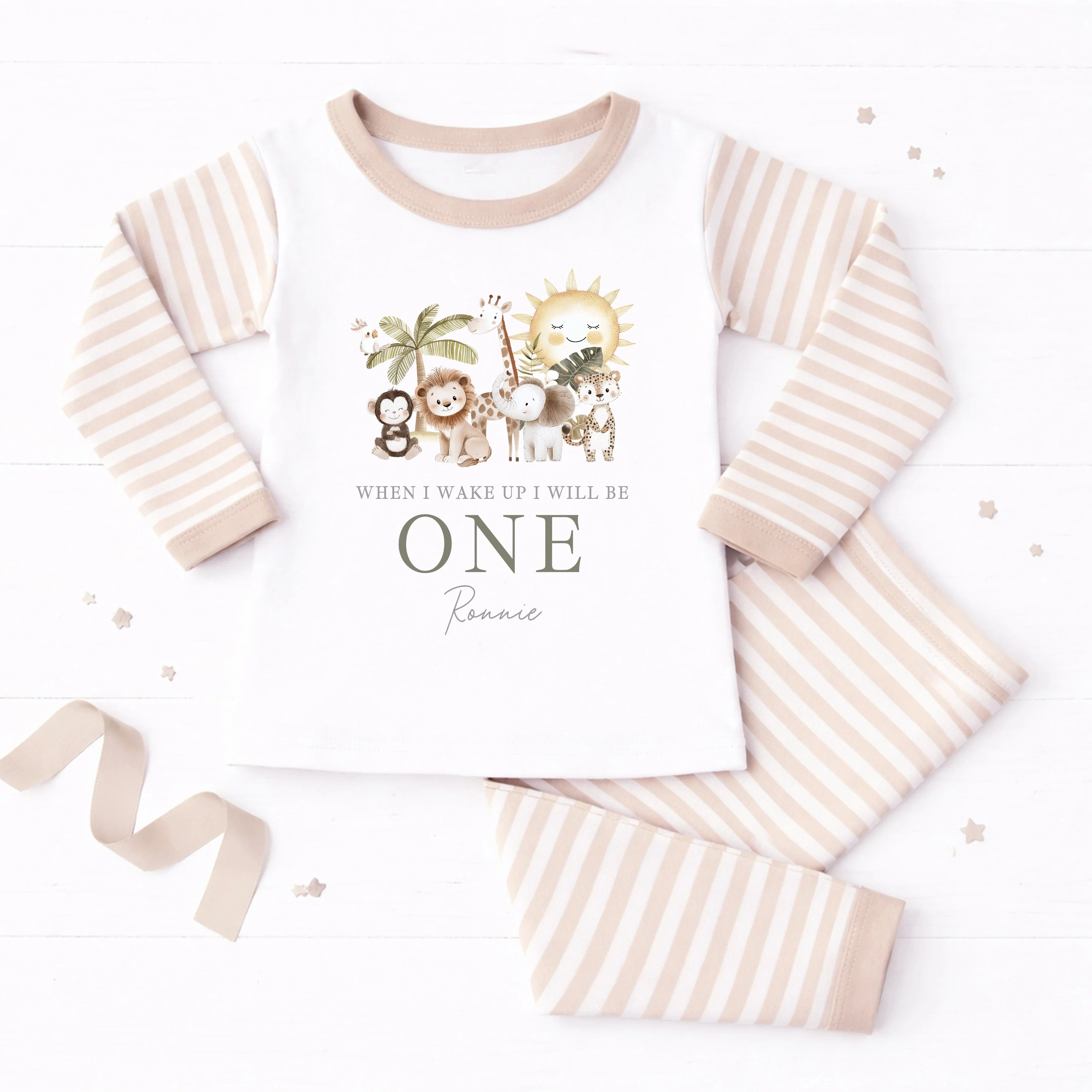 Personalised Beige Jungle First Birthday Pyjamas - Image 3