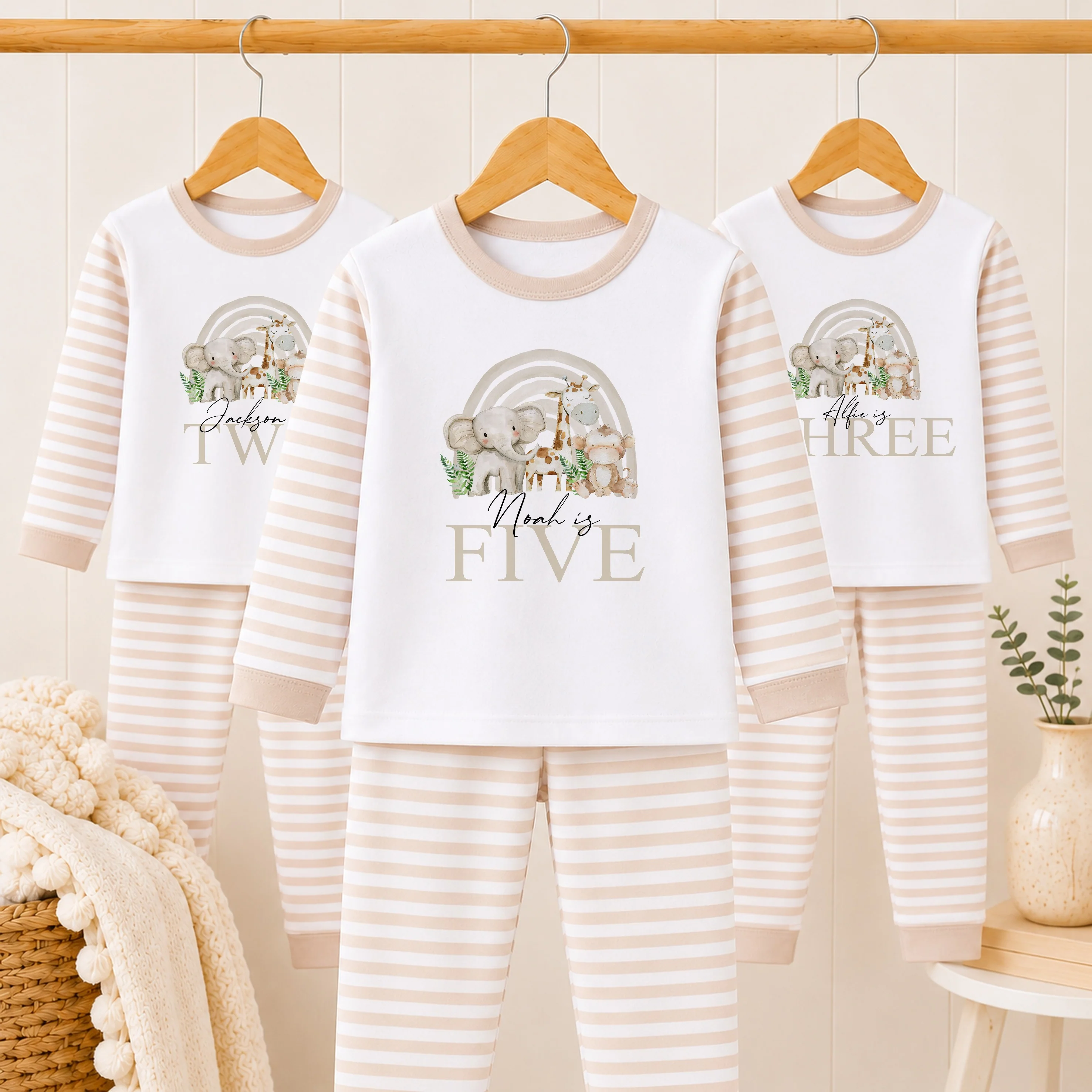 Personalised Beige Jungle Rainbow Any Age Birthday Pyjamas - Image 2
