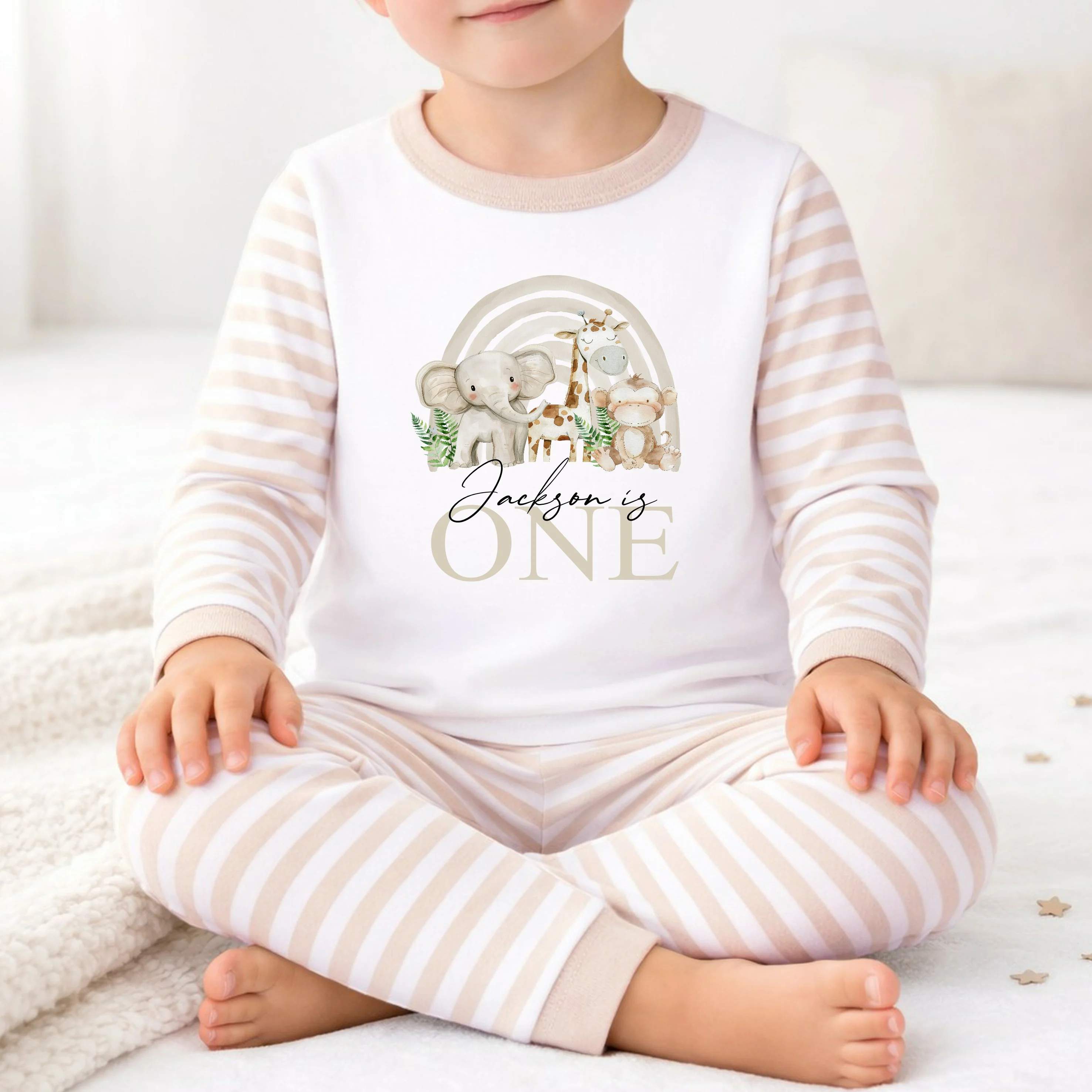 Personalised Beige Jungle Rainbow Any Age Birthday Pyjamas - Image 3