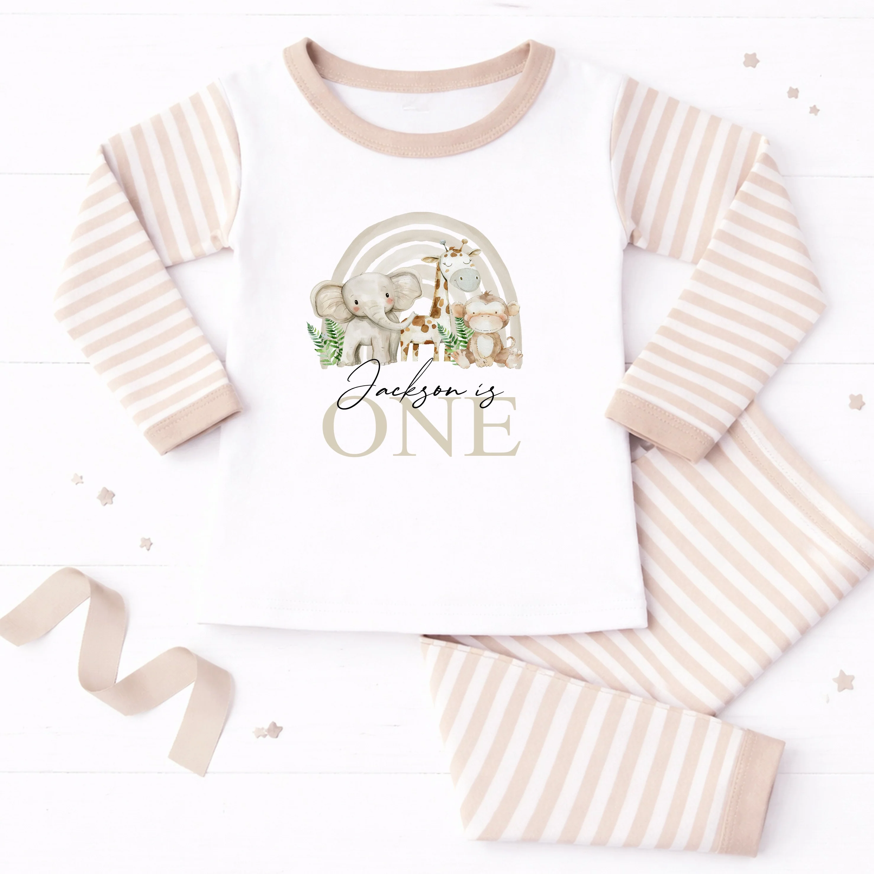 Personalised Beige Jungle Rainbow Any Age Birthday Pyjamas - Image 4