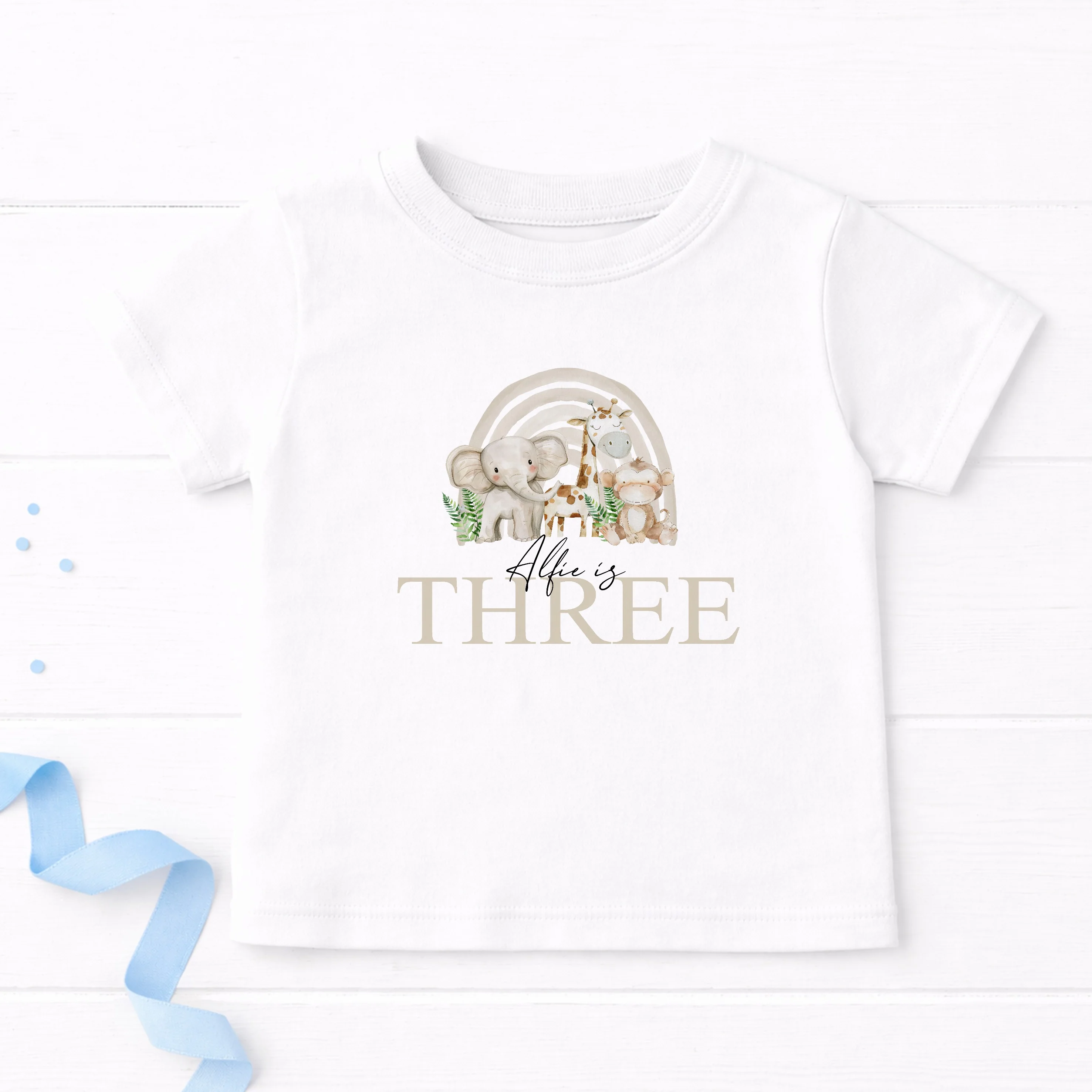 Personalised Beige Jungle Rainbow Any Age Birthday T-shirt - Image 2