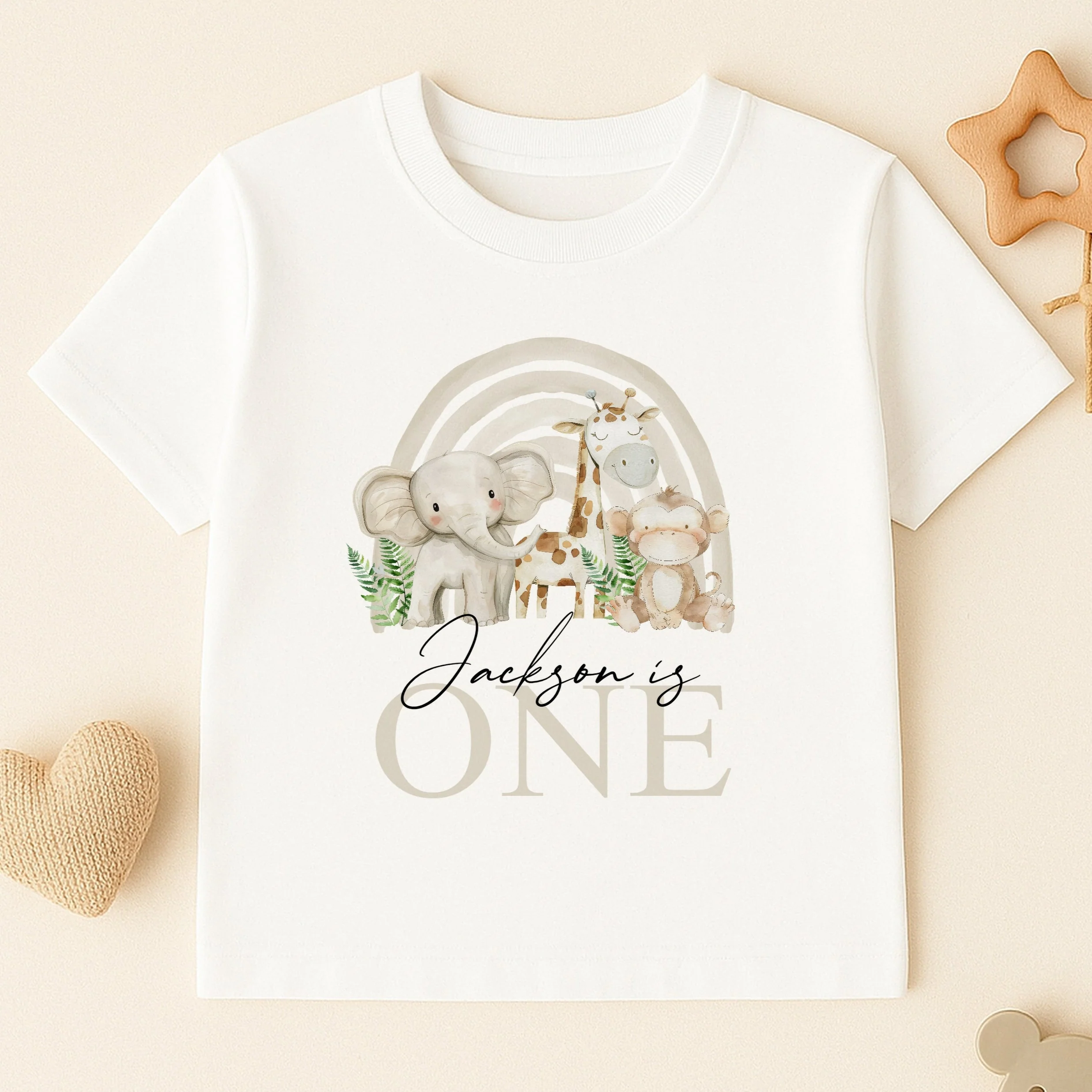 Personalised Beige Jungle Rainbow Any Age Birthday T-shirt - Image 3