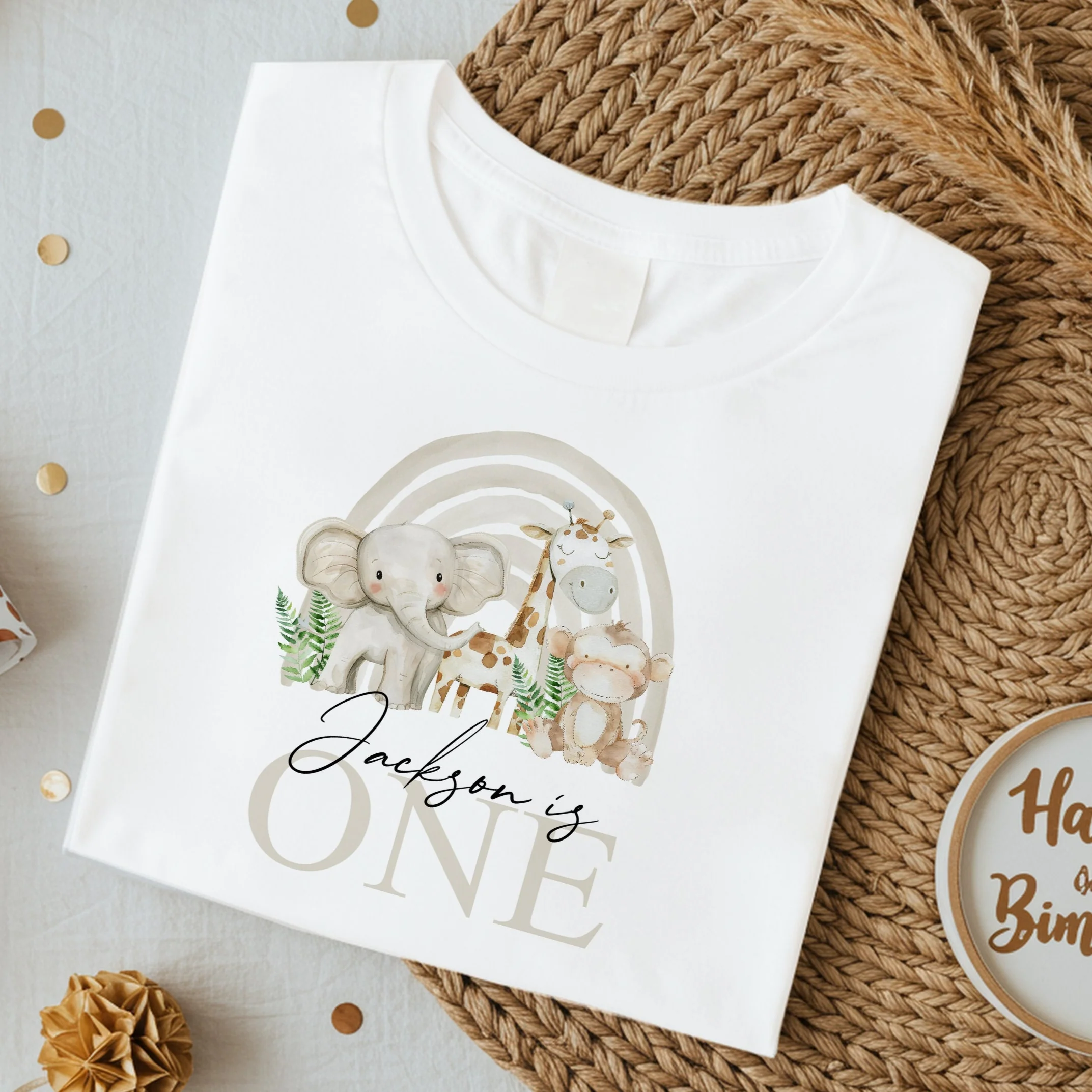 Personalised Beige Jungle Rainbow Any Age Birthday T-shirt - Image 4