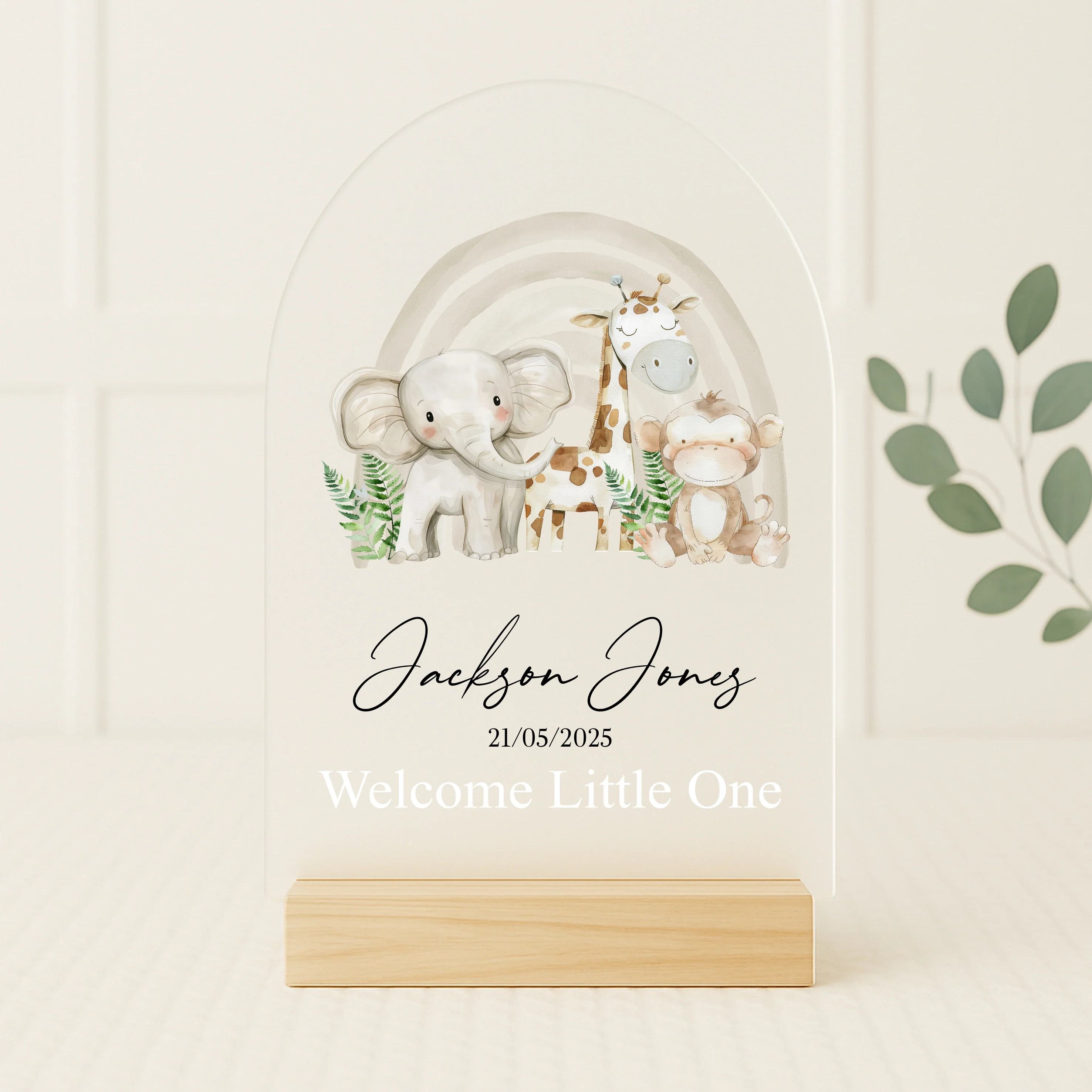 Personalised Beige Jungle Rainbow Birth Stats Plaque