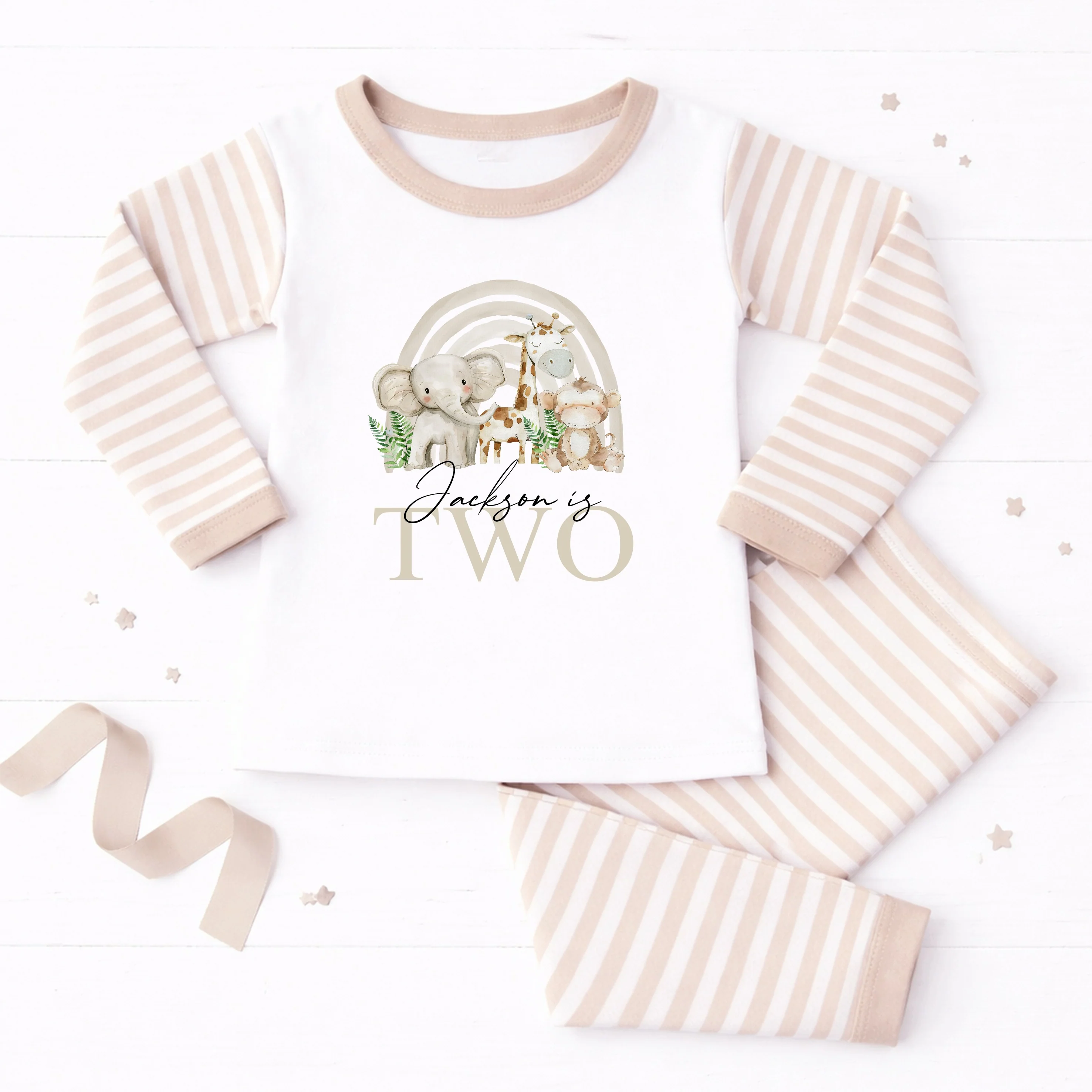 Personalised Beige Jungle Rainbow Second Birthday Pyjamas - Image 3