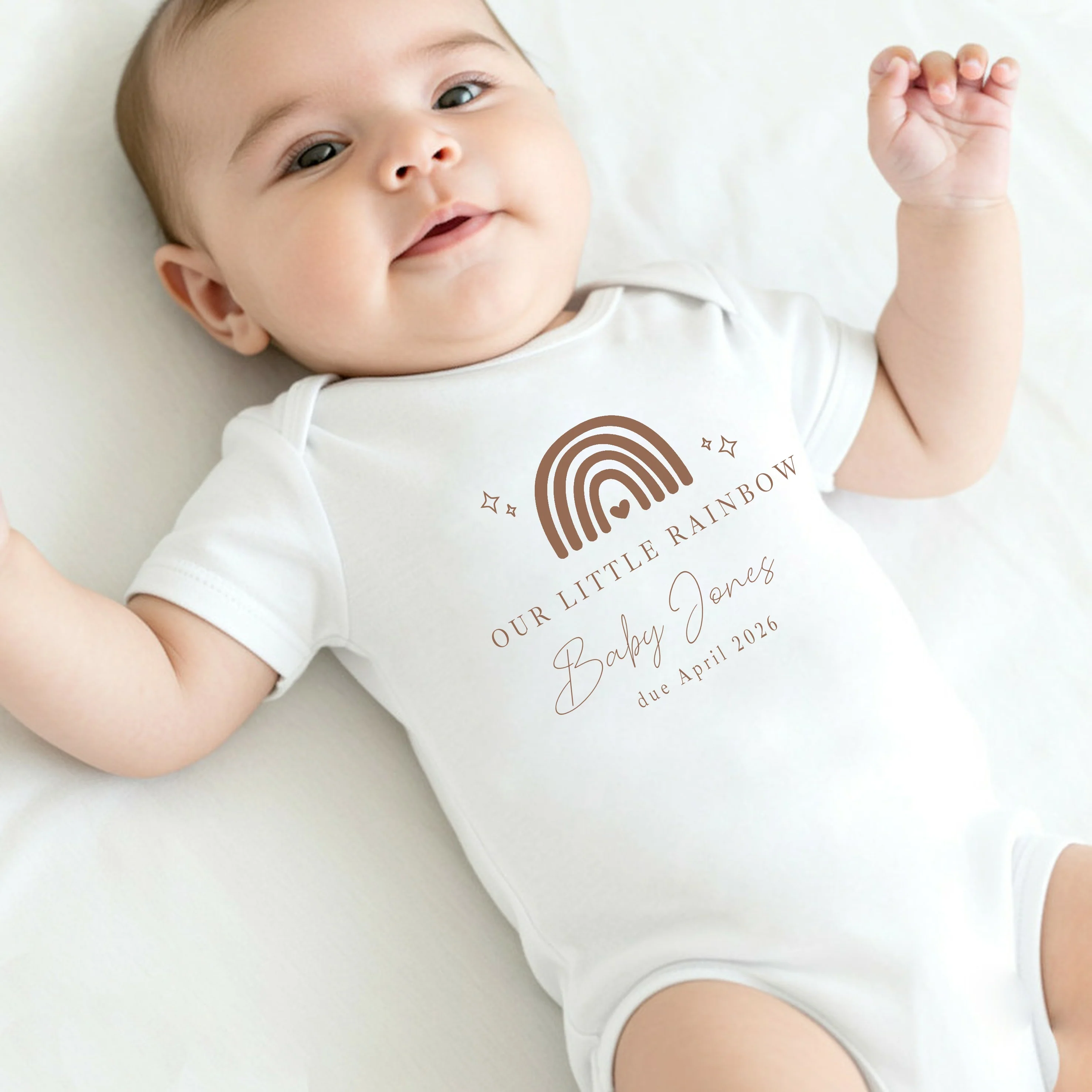 Personalised Beige Our Little Rainbow IVF Baby Announcement Vest - Image 2