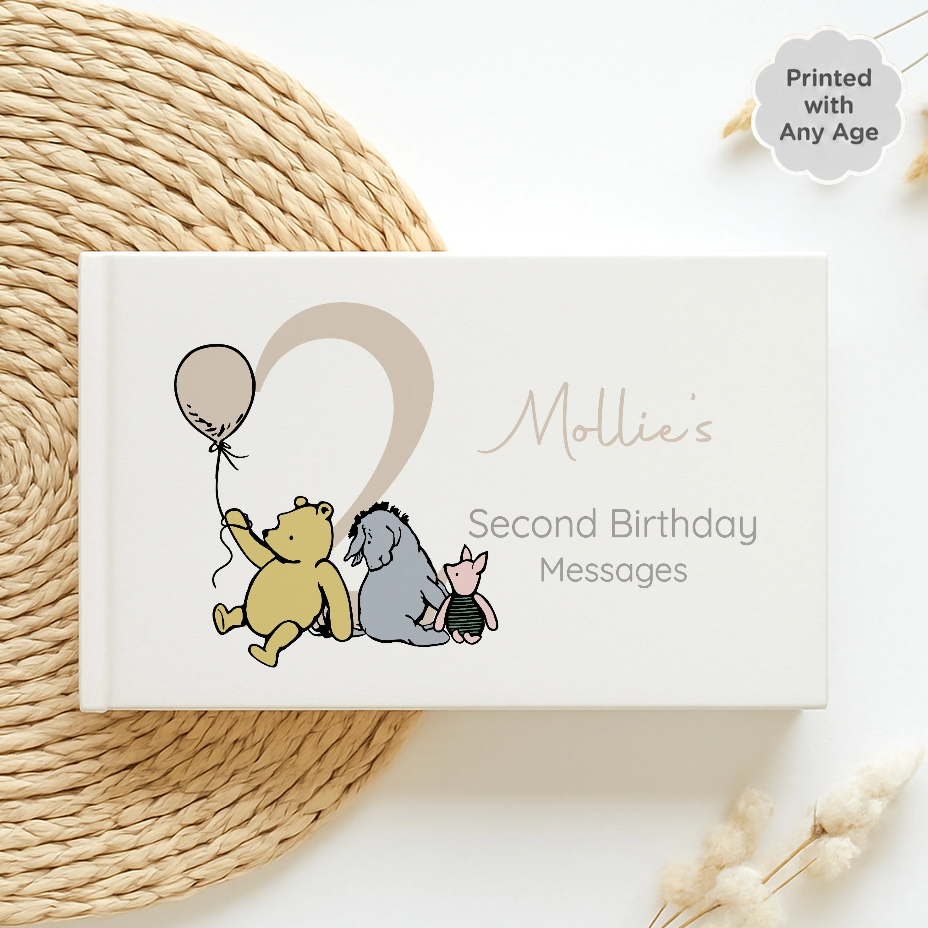 Personalised Beige Pooh Bear Any Age Birthday Party Guest Book - Image 2