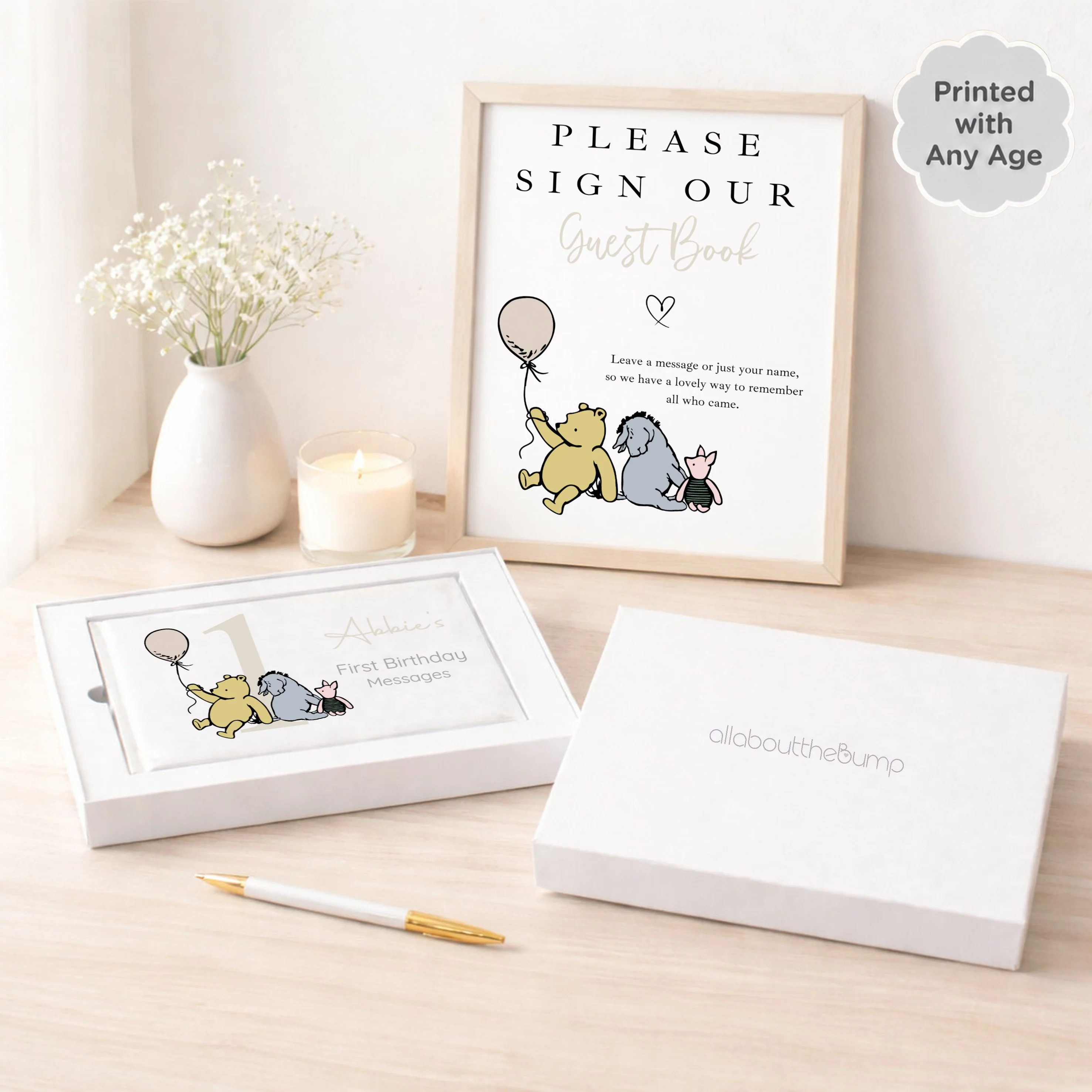 Personalised Beige Pooh Bear Any Age Birthday Party Guest Book - Image 3