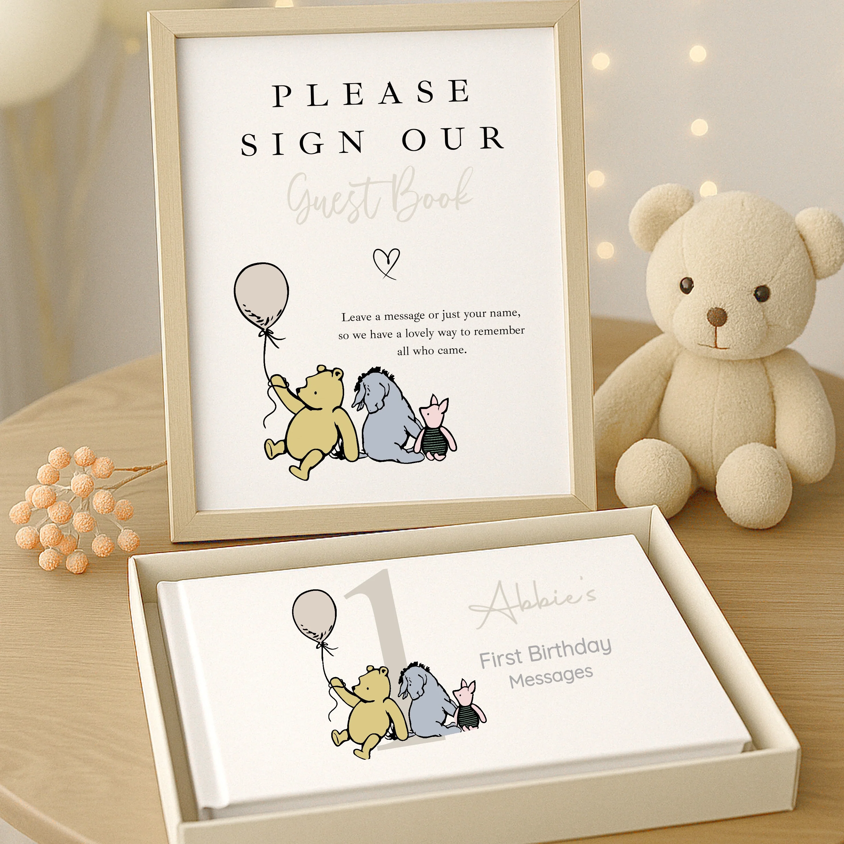 Personalised Beige Pooh Bear Any Age Birthday Party Guest Book - Image 4