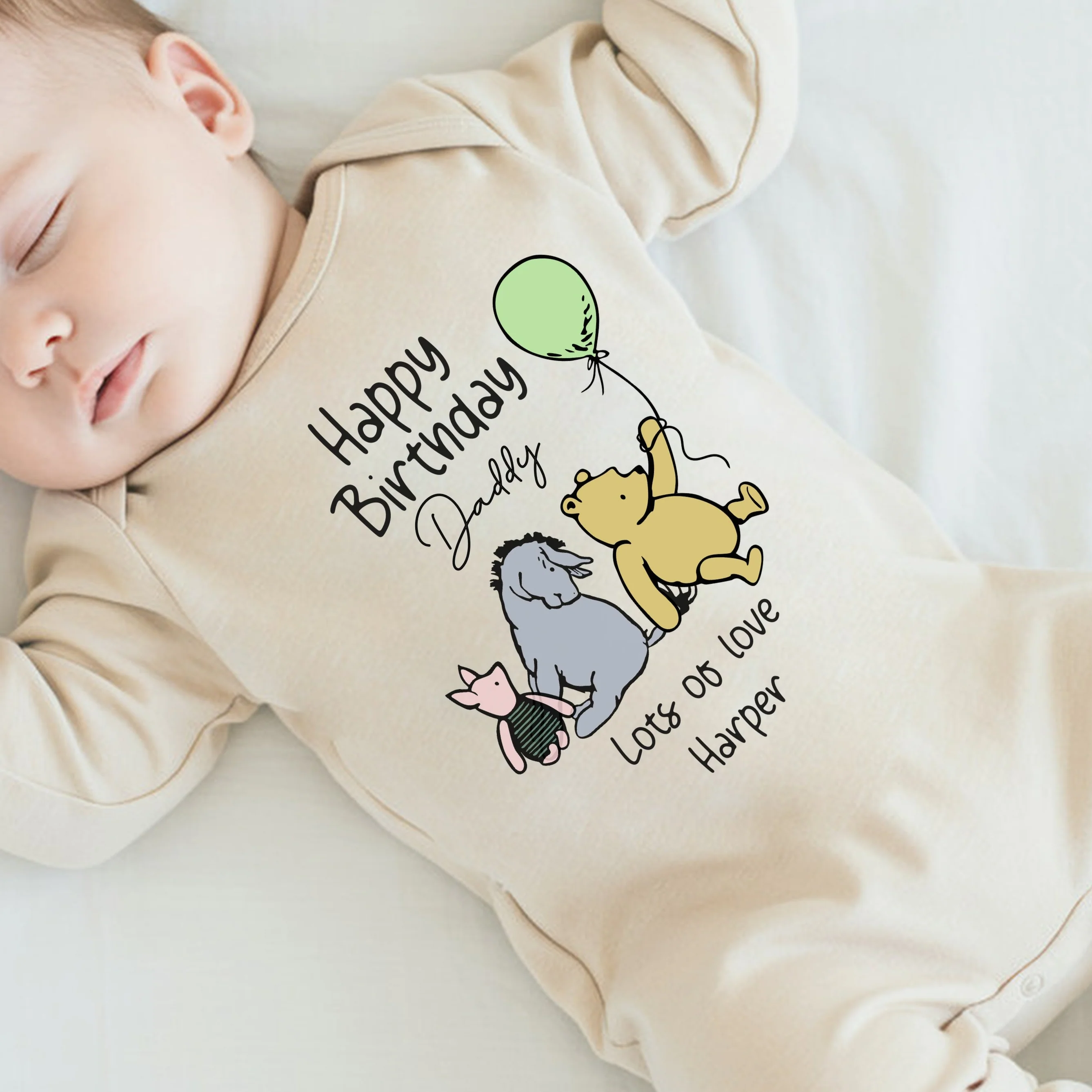 Personalised Beige Pooh Bear Happy Birthday Mummy or Daddy Baby Grow or Vest - Image 2