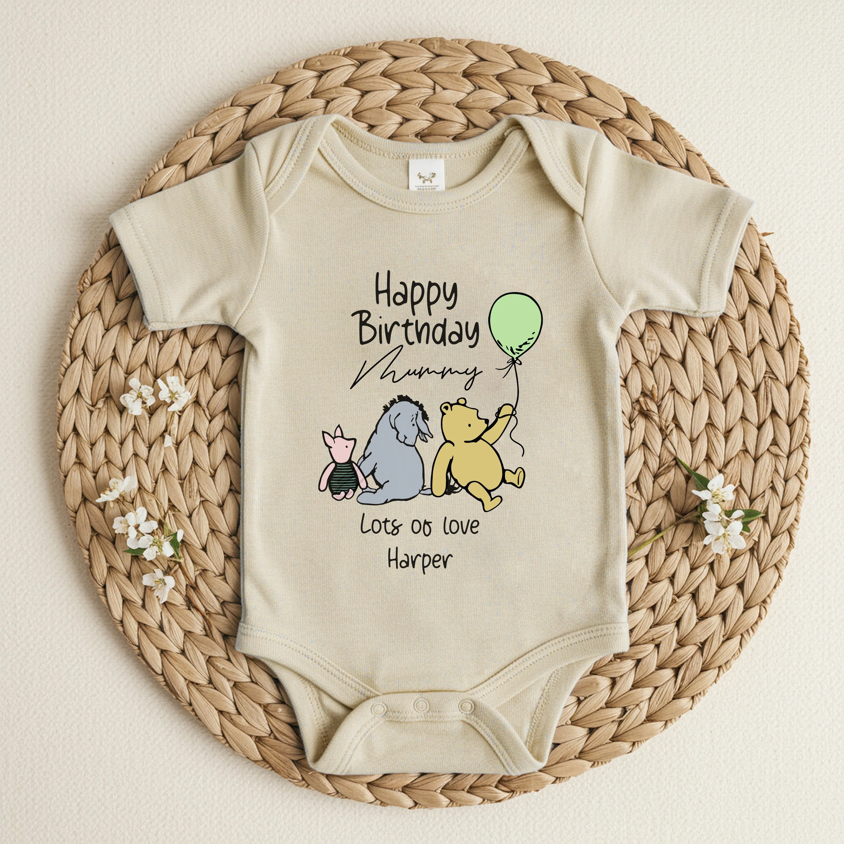 Personalised Beige Pooh Bear Happy Birthday Mummy or Daddy Baby Grow or Vest - Image 3
