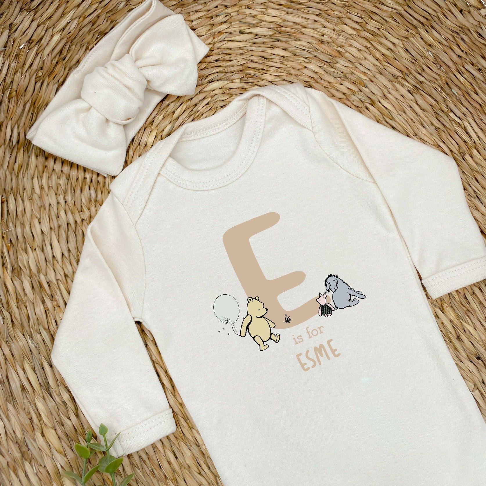 Personalised Beige Pooh Bear Initial Babygrow - Image 2