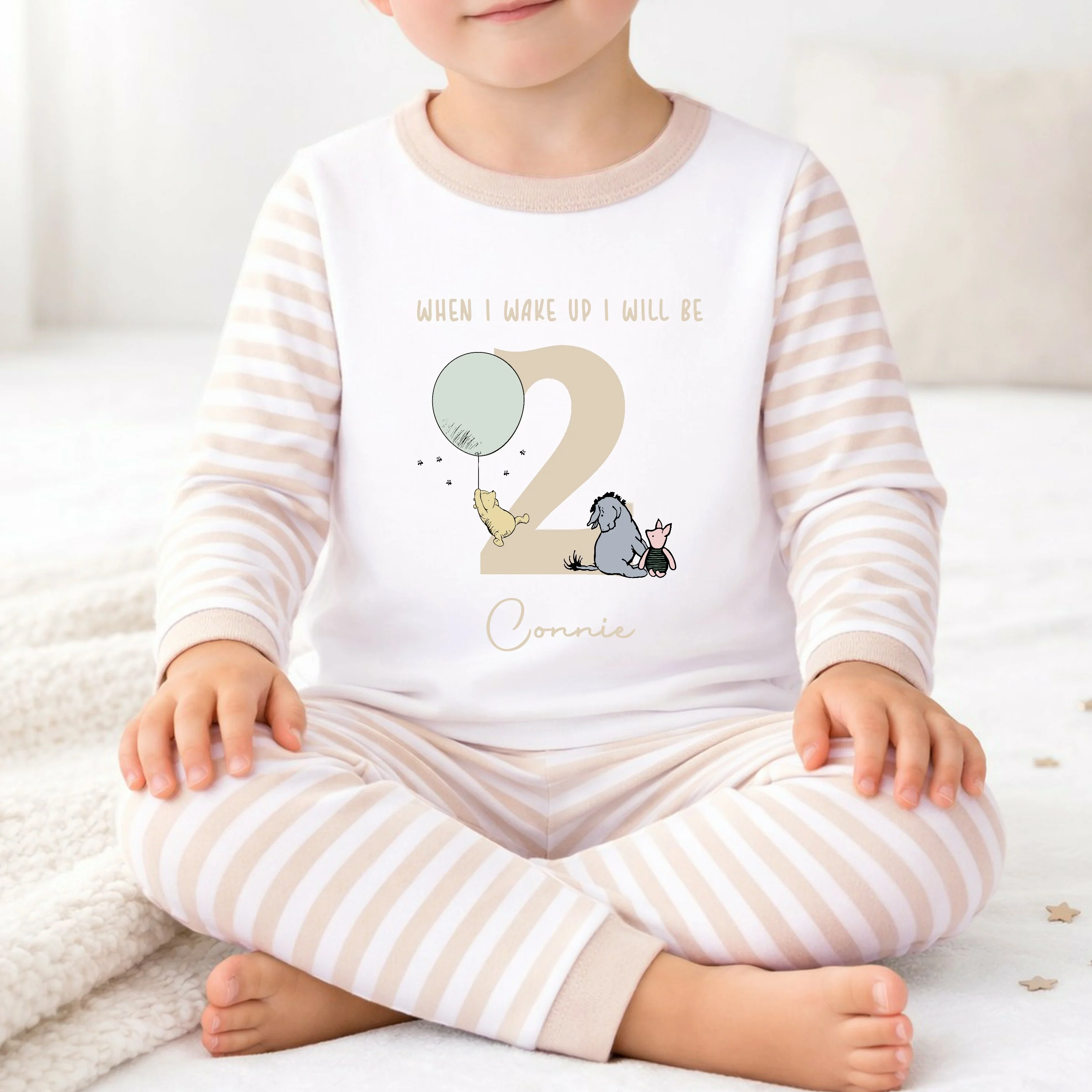 Personalised Beige Pooh Bear When I Wake I Will Be 2 Birthday Pyjamas - Image 3