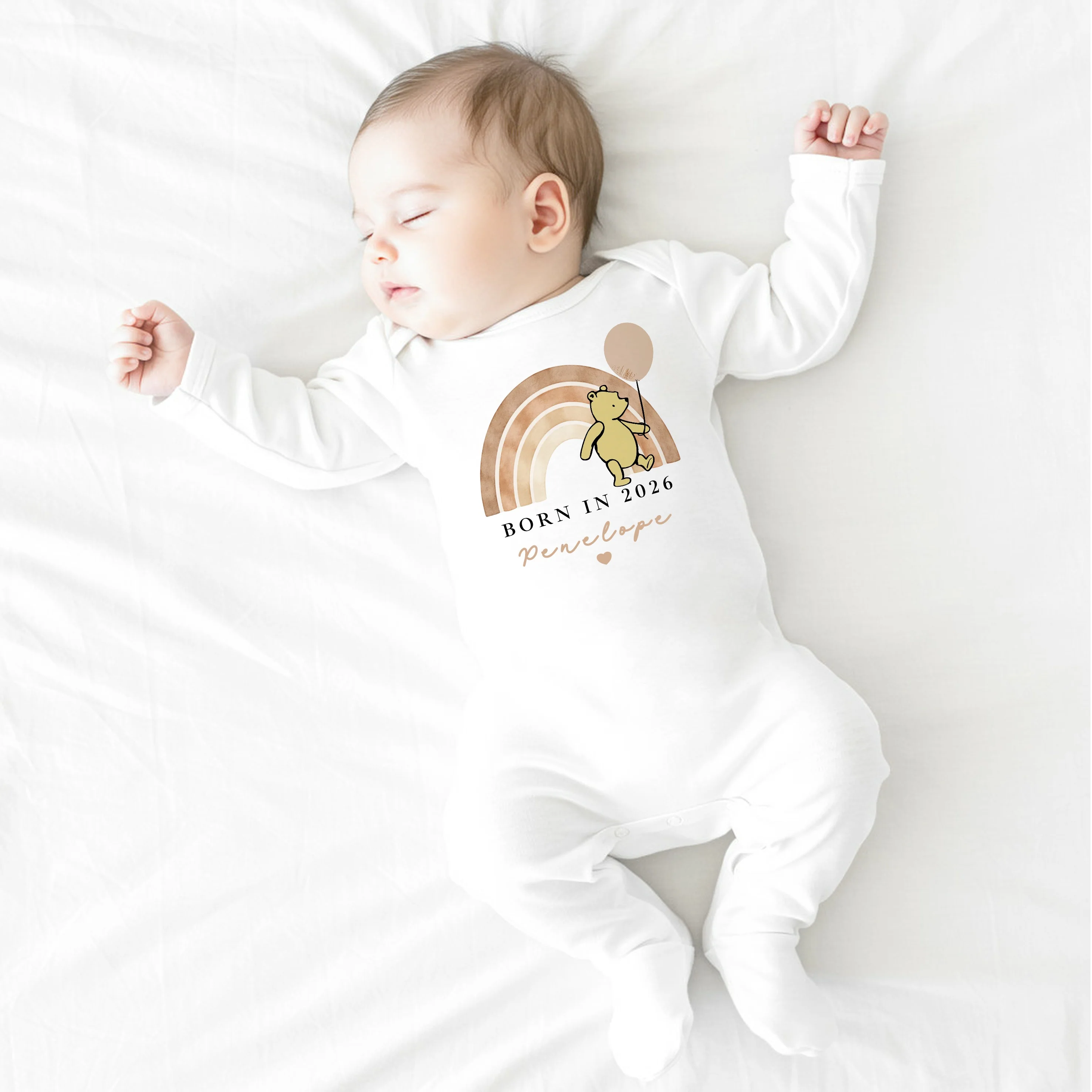 Personalised Beige Pooh Born in 2026 Baby Grow, Vest or Bib - Image 2