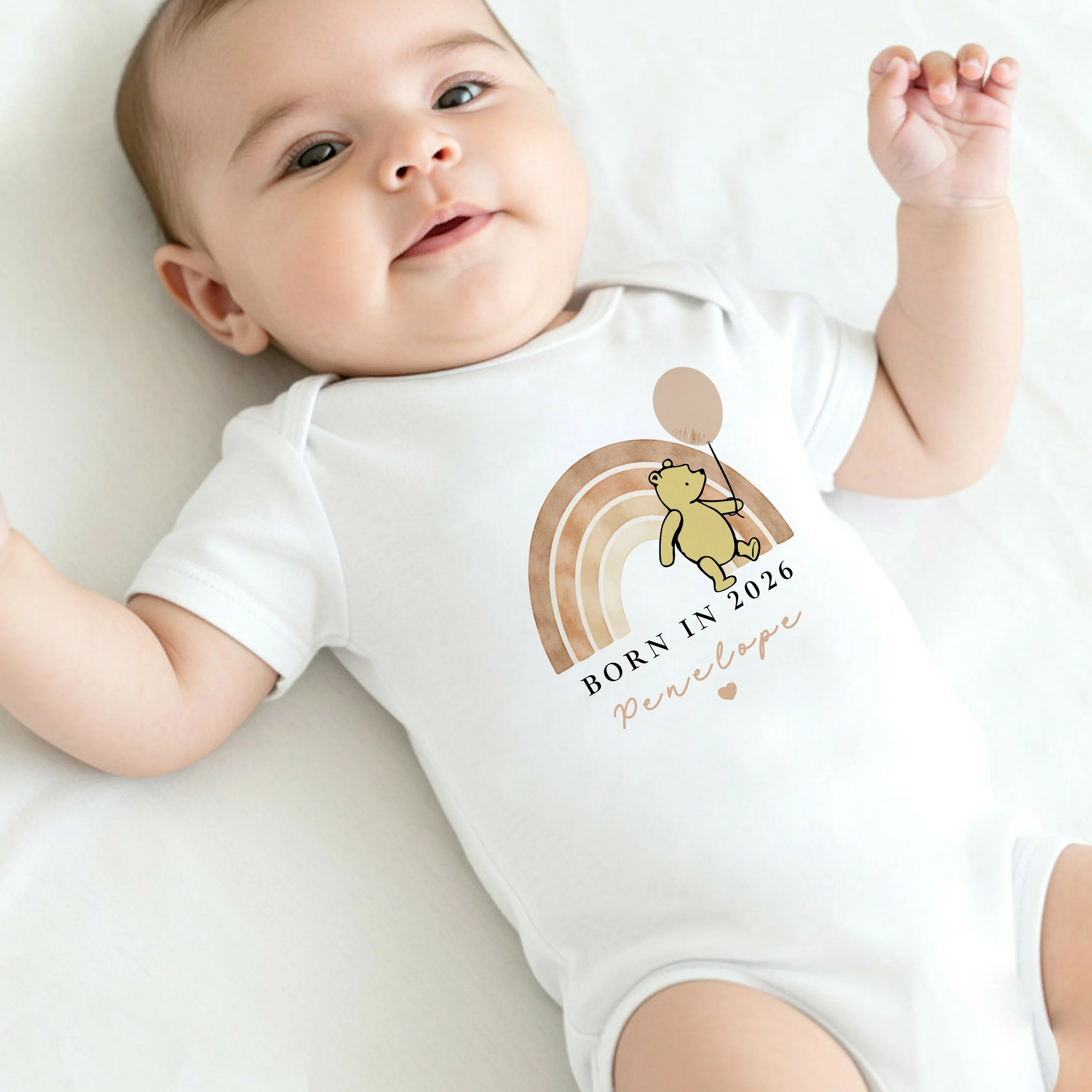 Personalised Beige Pooh Born in 2026 Baby Grow, Vest or Bib - Image 3