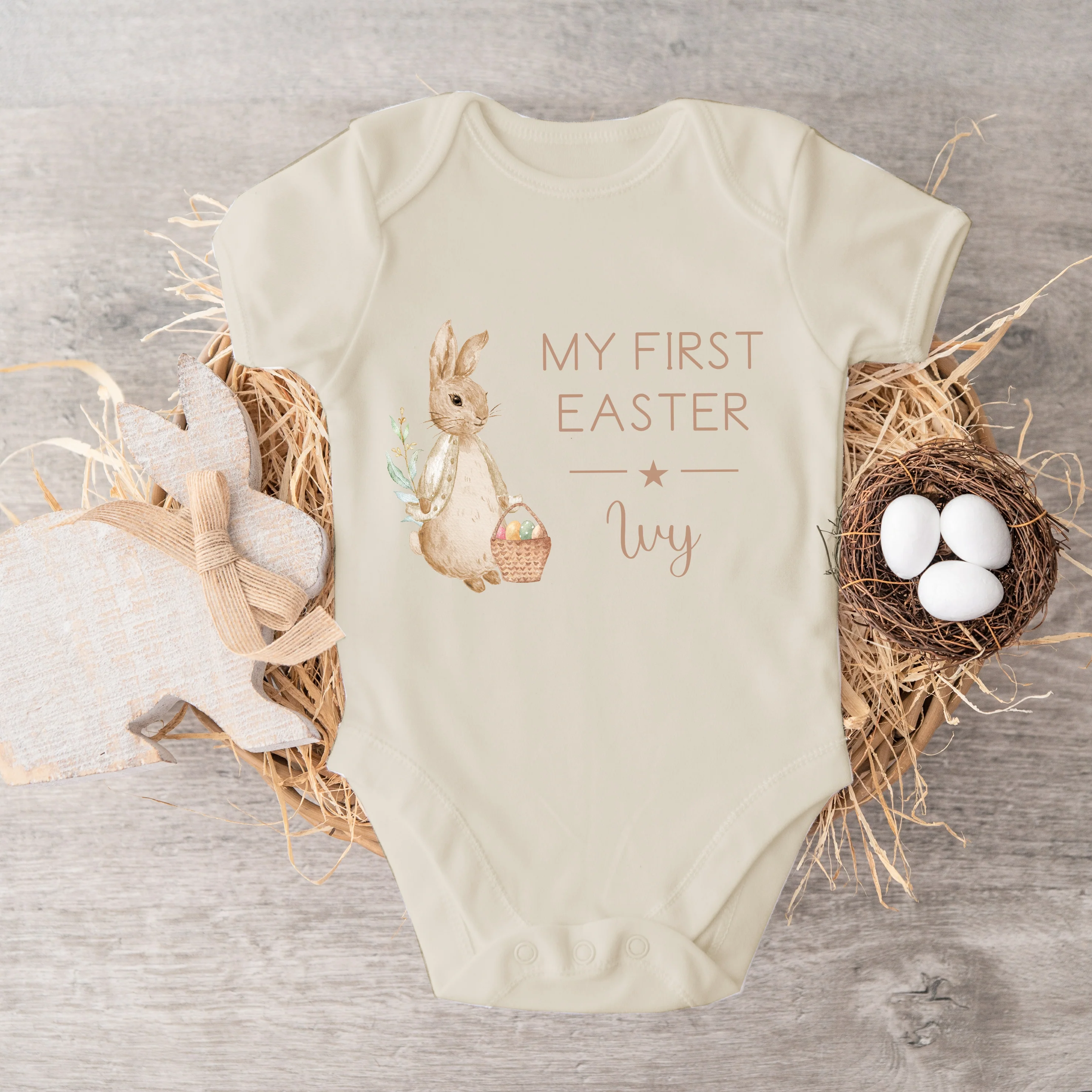 Personalised Beige Rabbit My First Easter Beige Baby Grow or Vest - Image 3