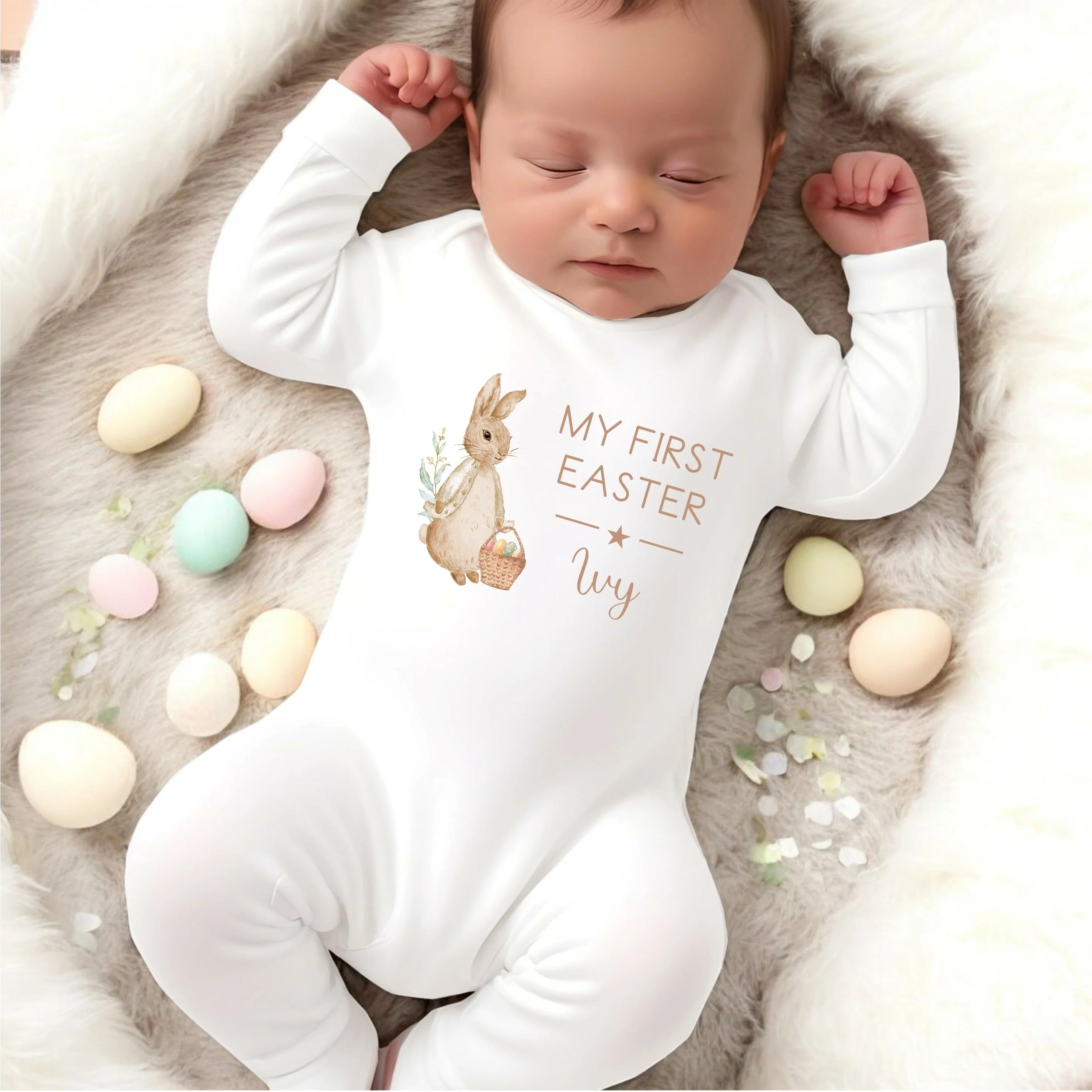 Personalised Beige Rabbit My First Easter White Babygrow/Vest - Image 2