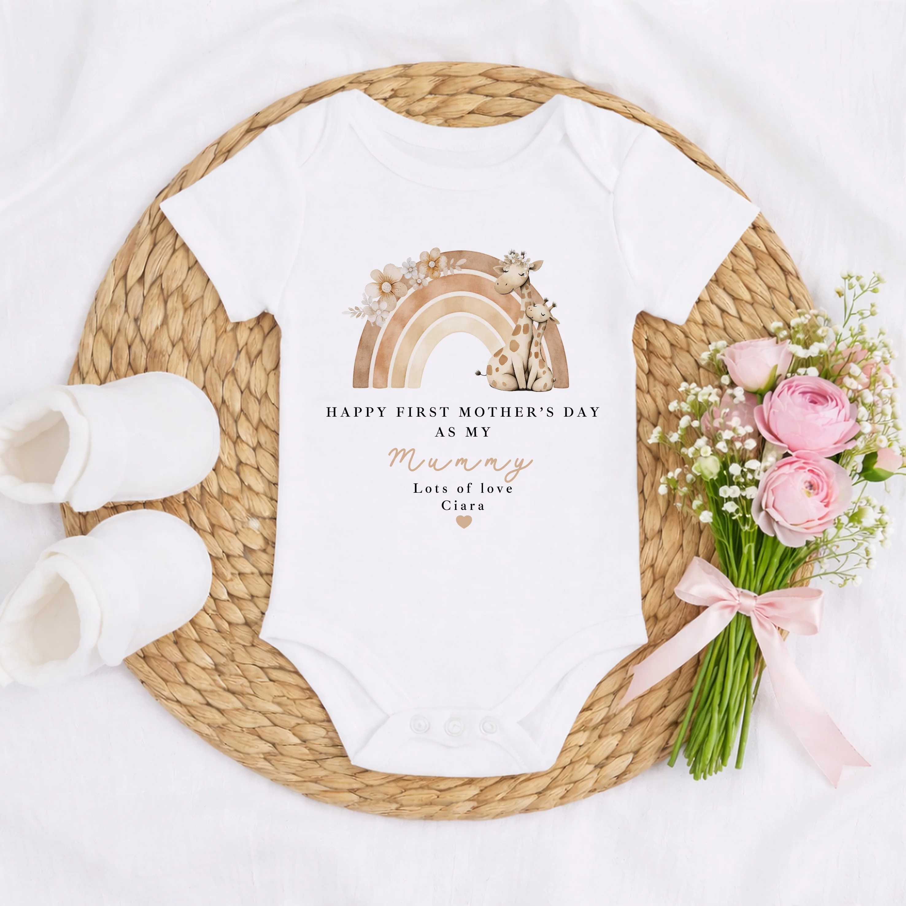 Personalised Beige Rainbow Giraffes Happy Mother's Day Baby Grow, Vest or Bib - Image 5