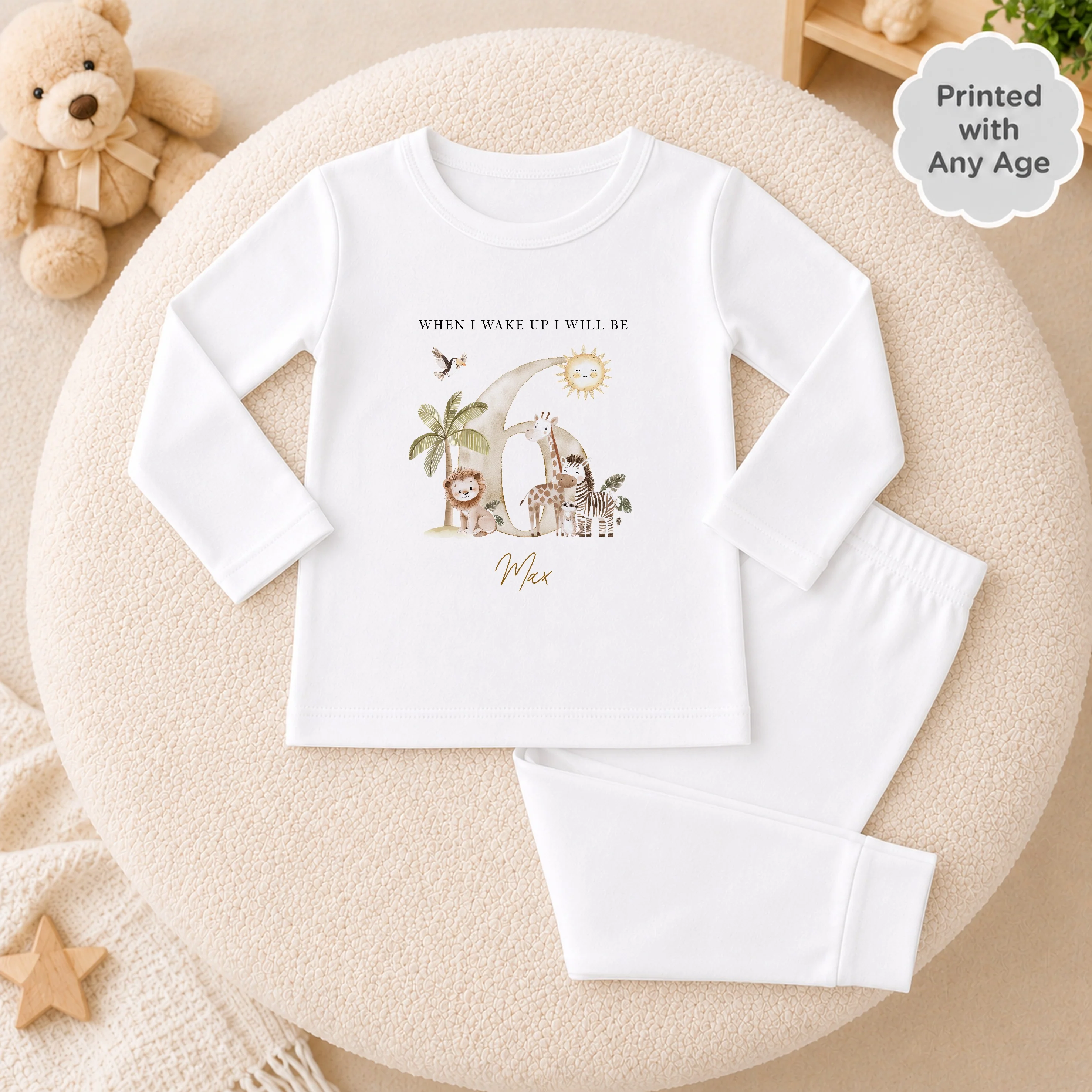 Personalised Beige Safari Any Age Birthday Pyjamas - Image 2