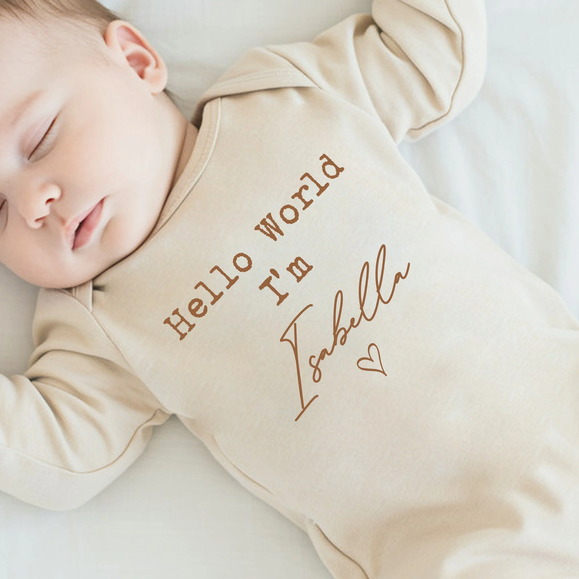 Personalised Beige Script Hello World Babygrow With Optional Matching Accessories