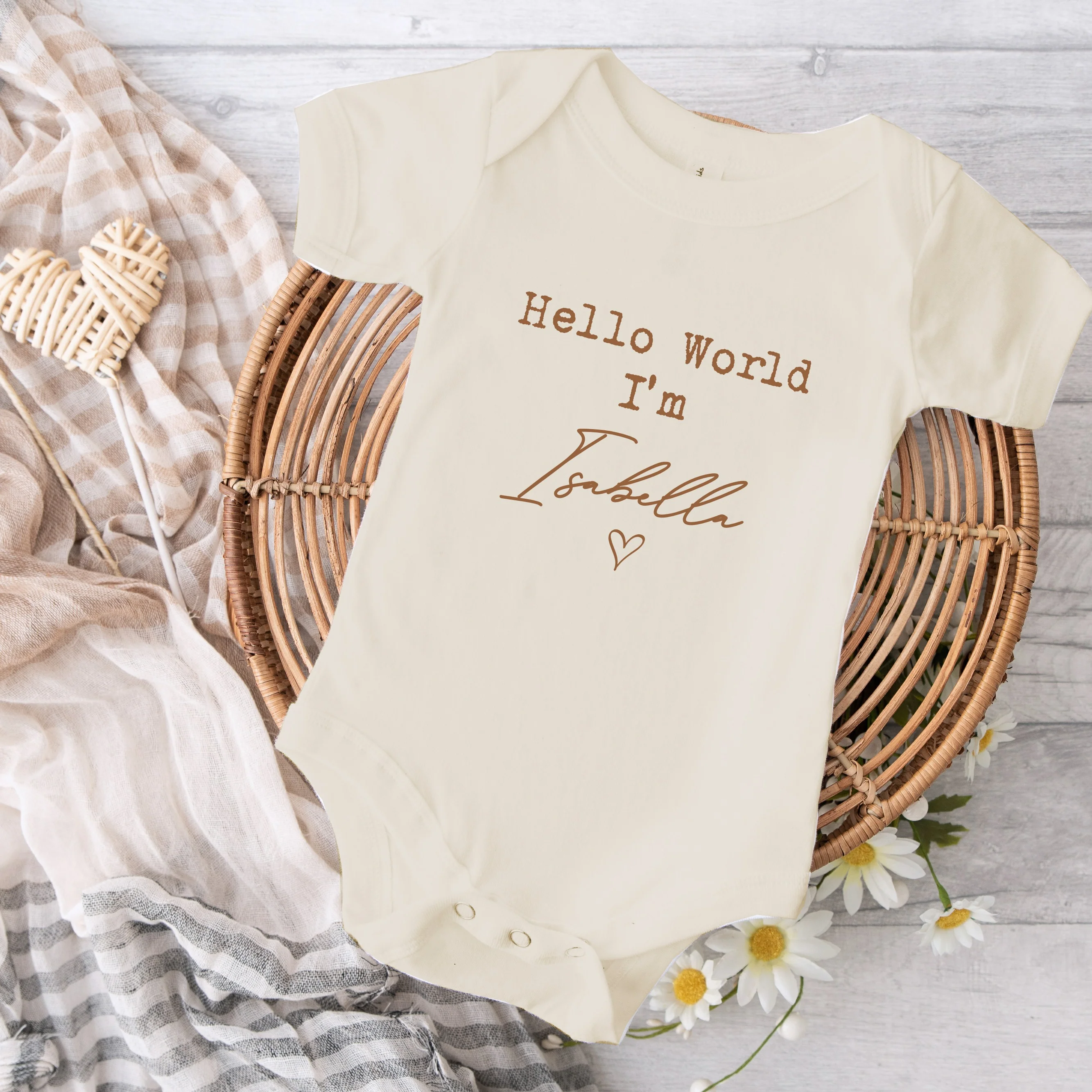 Personalised Beige Script Hello World Babygrow With Optional Matching Accessories - Image 2