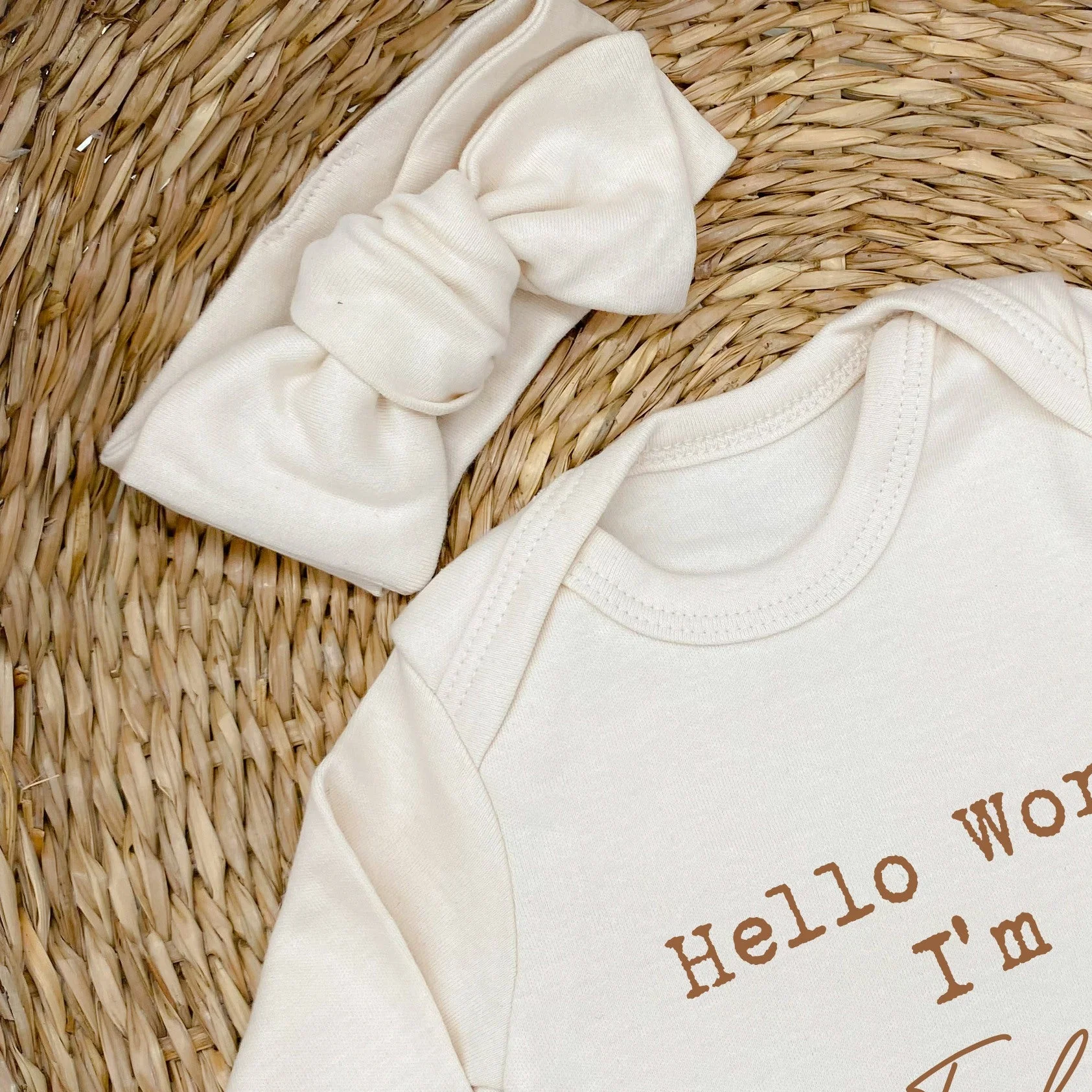 Personalised Beige Script Hello World Babygrow With Optional Matching Accessories - Image 4