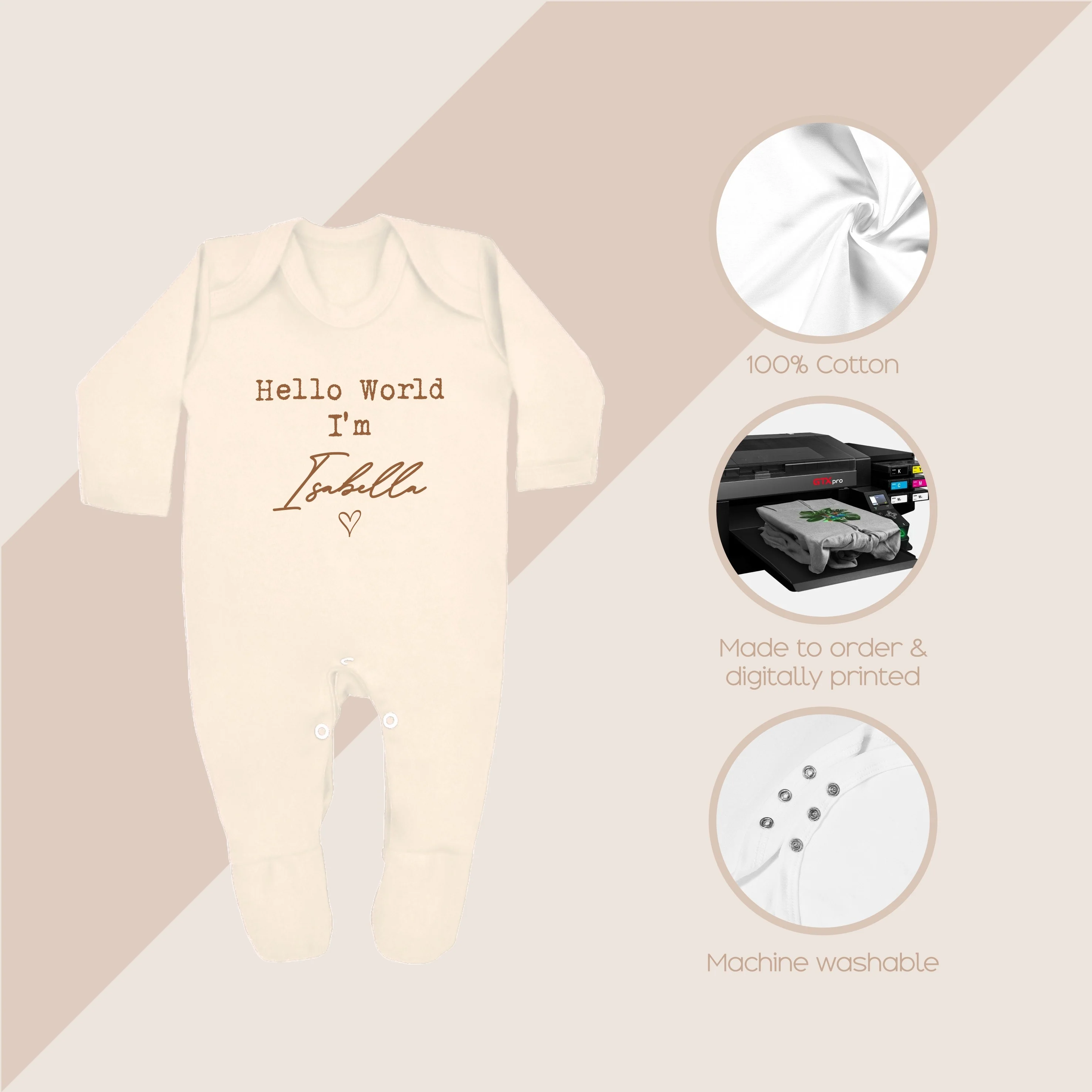 Personalised Beige Script Hello World Babygrow With Optional Matching Accessories - Image 5