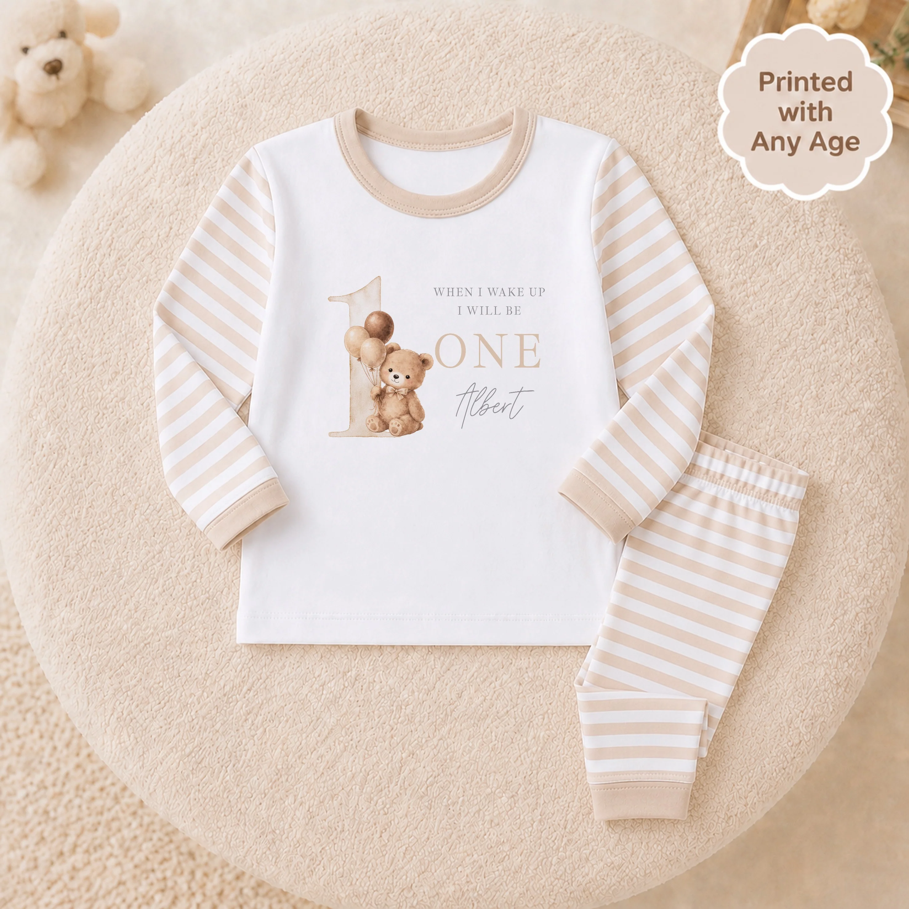 Personalised Beige Teddy Any Age Birthday Pyjamas - Image 2