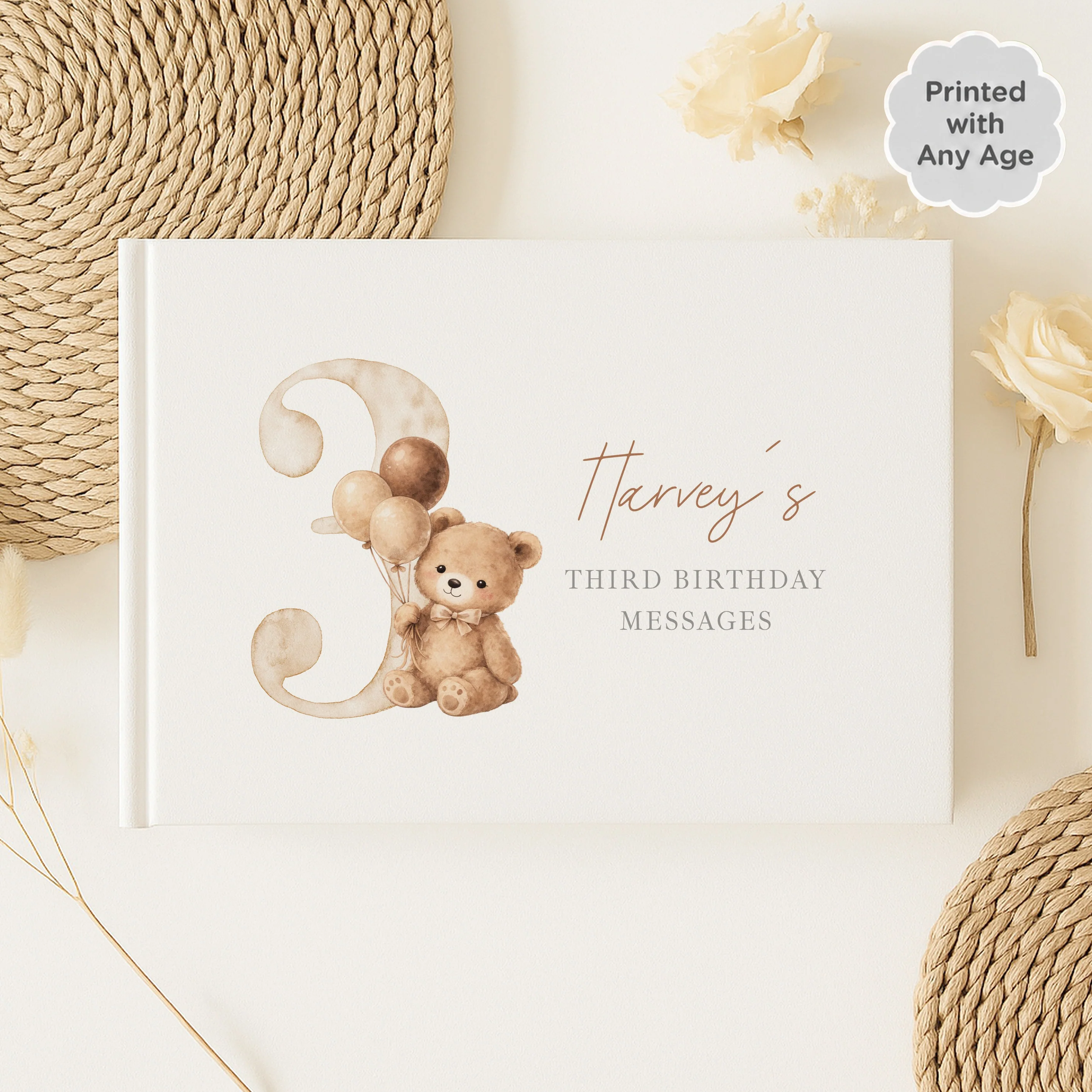 Personalised Beige Teddy Bear Any Age Birthday Guest Book - Image 2