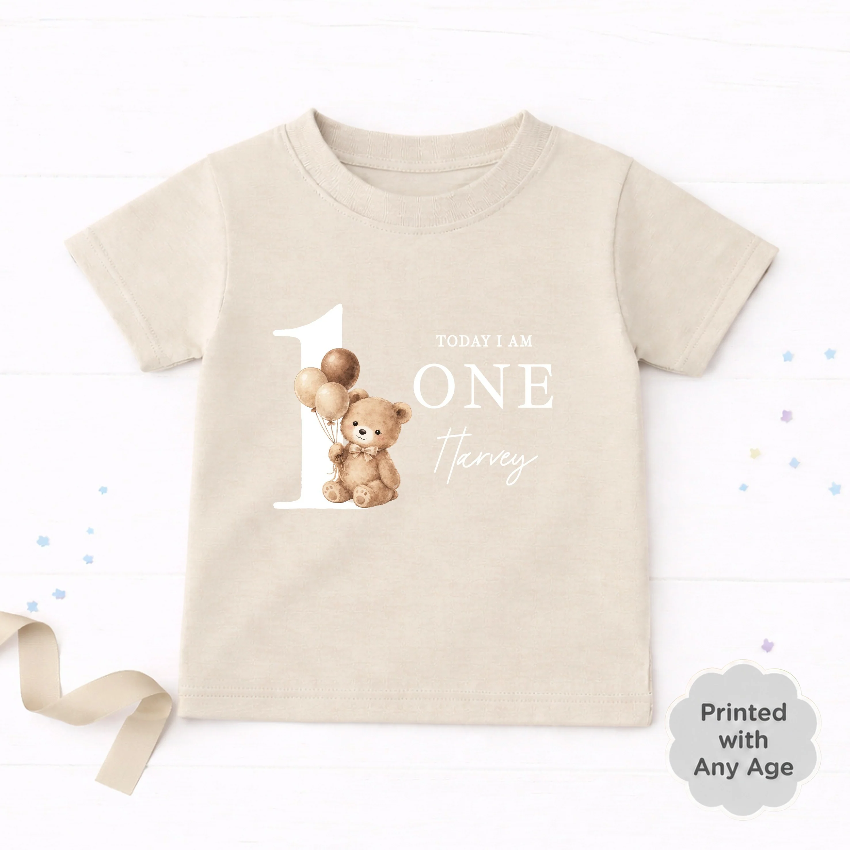 Personalised Beige Teddy Bear Any Age Birthday T-Shirt - Image 2