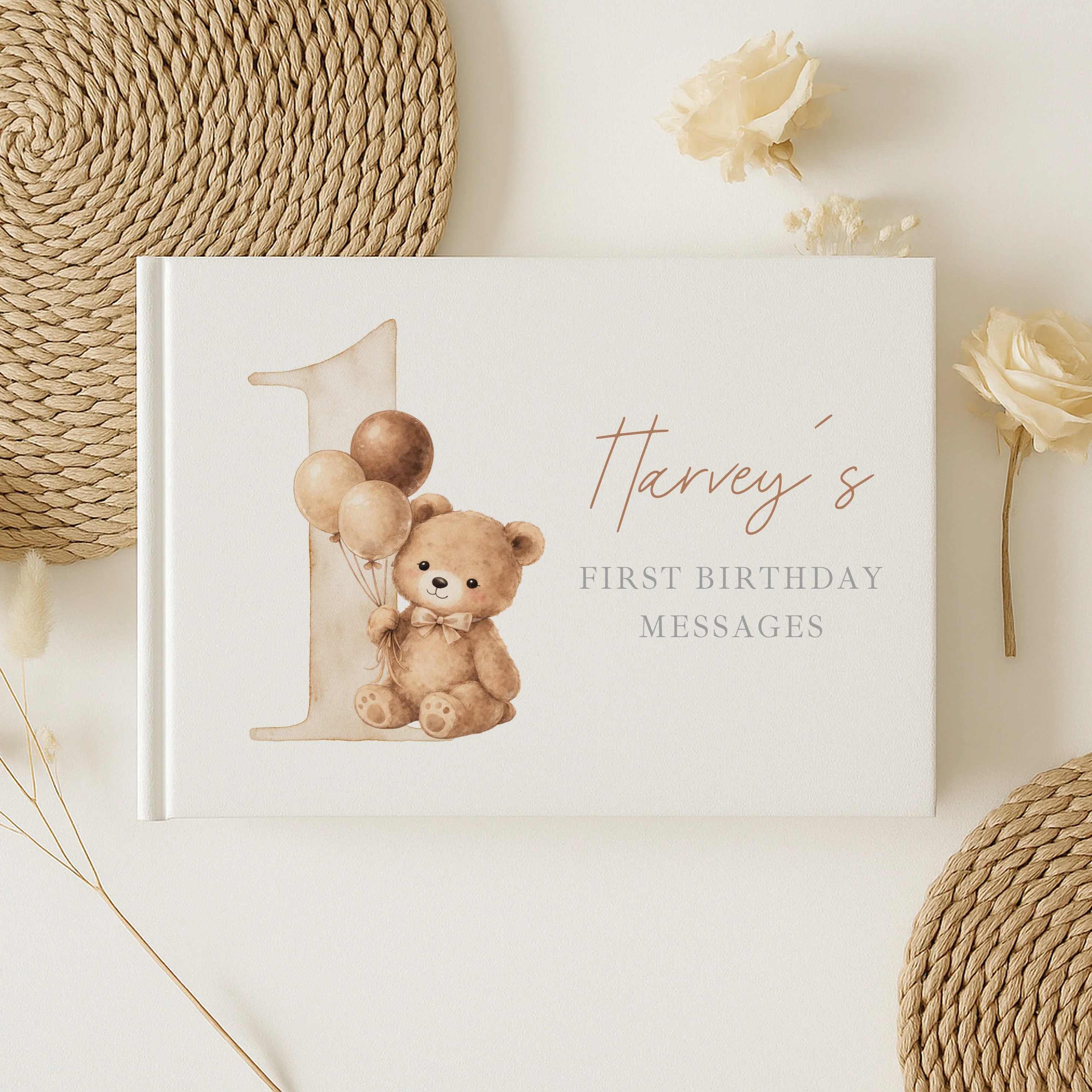 Personalised Beige Teddy Bear First Birthday Guest Book - Image 3