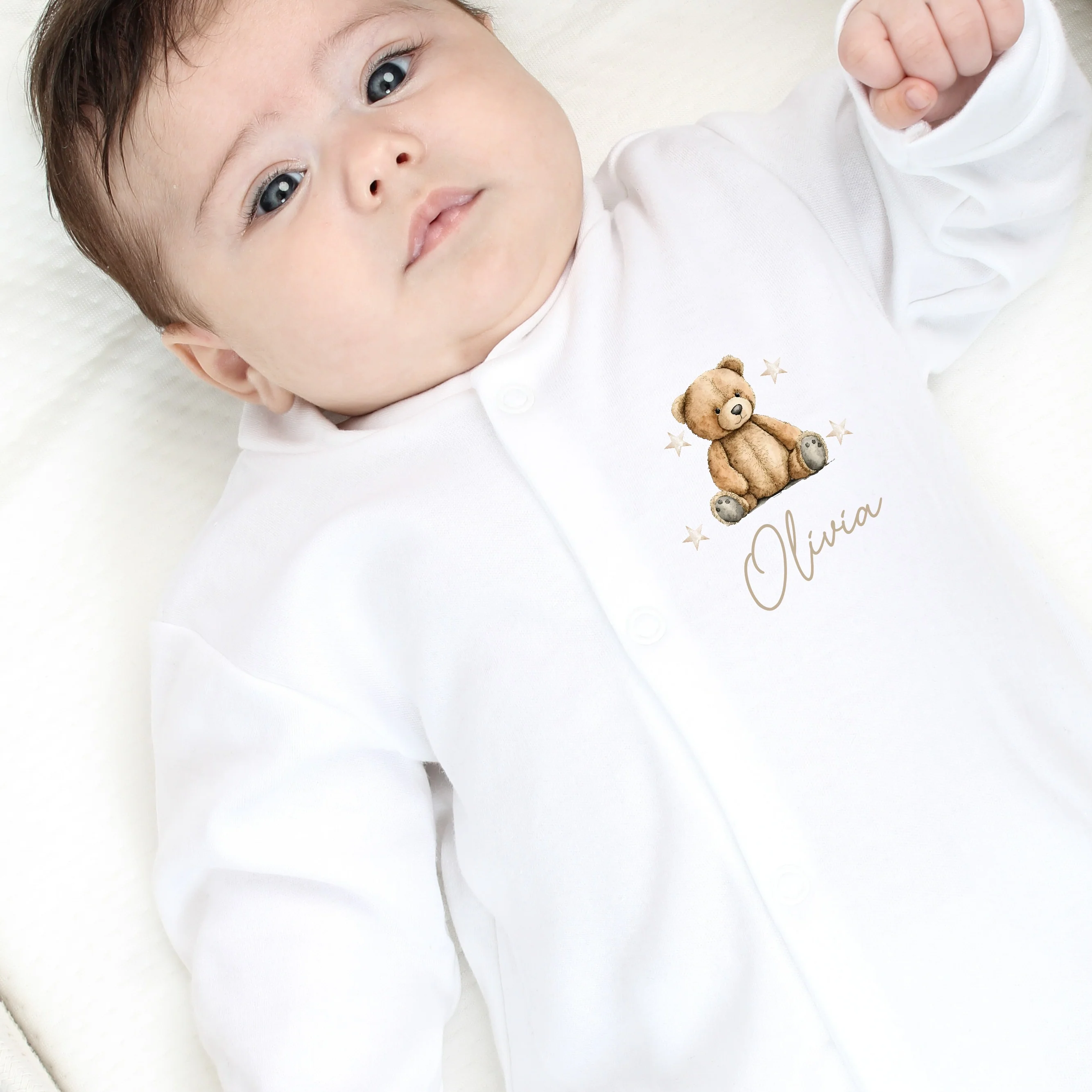 Personalised Beige Teddy Bear Popper Front Babygrow - Image 2