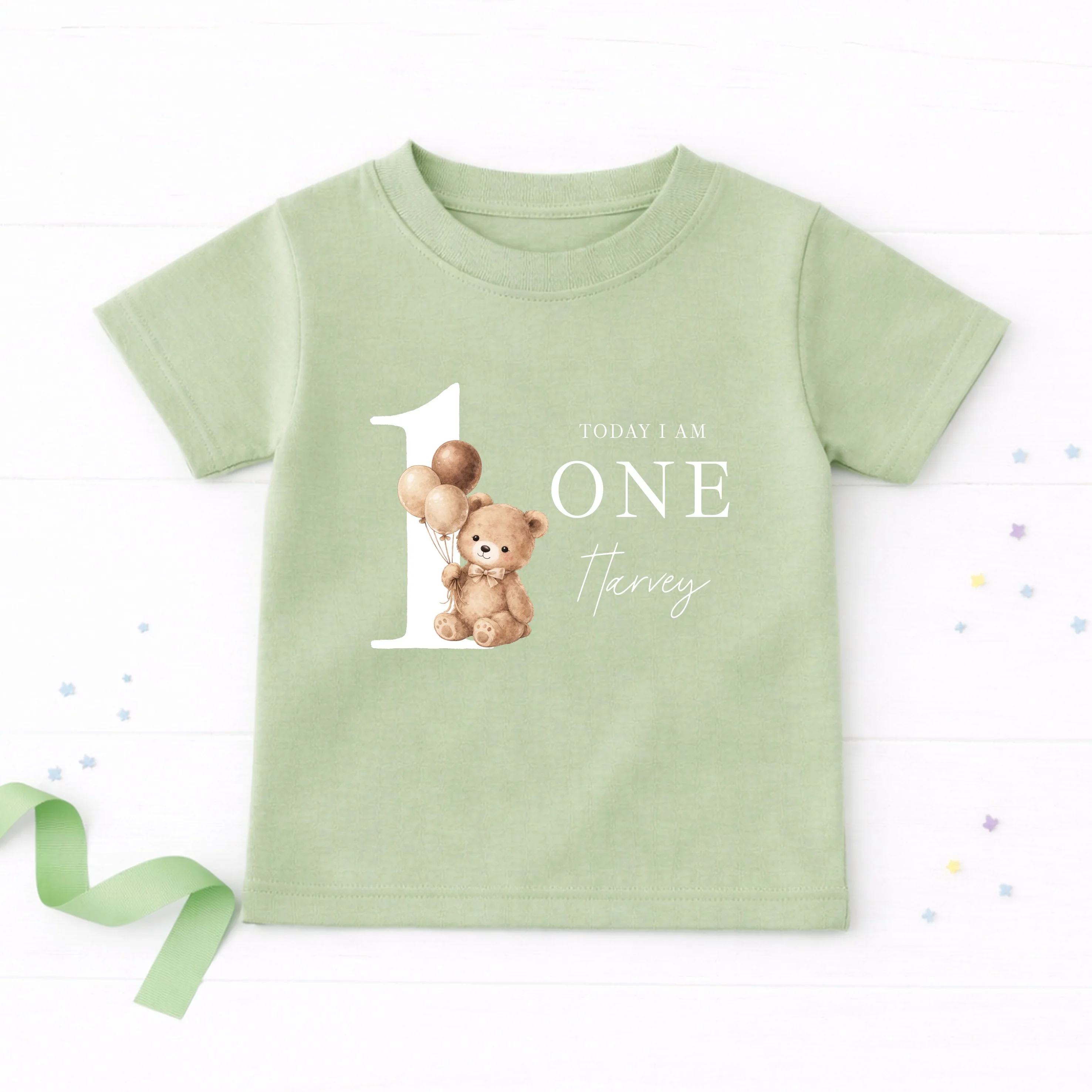 Personalised Beige Teddy Bear Today I am One First Birthday T-Shirt - Image 4