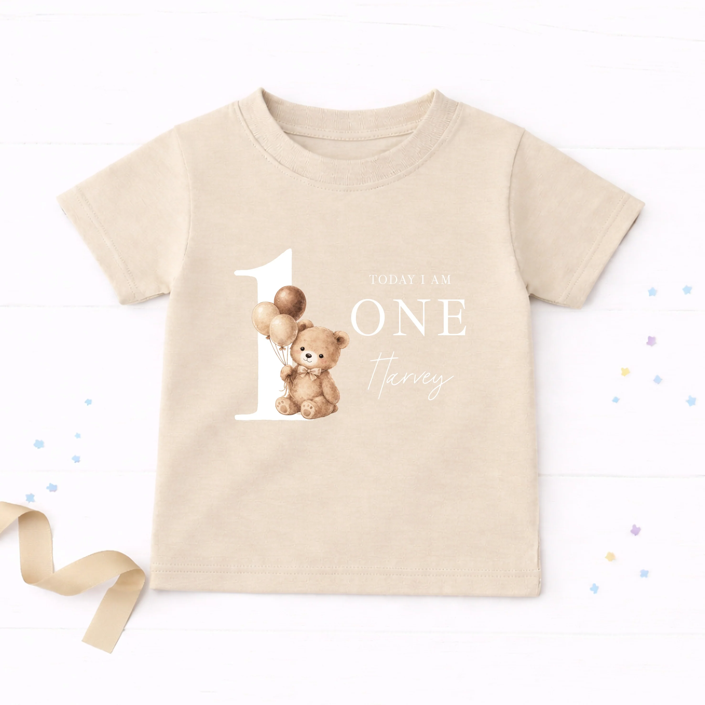 Personalised Beige Teddy Bear Today I am One First Birthday T-Shirt - Image 6