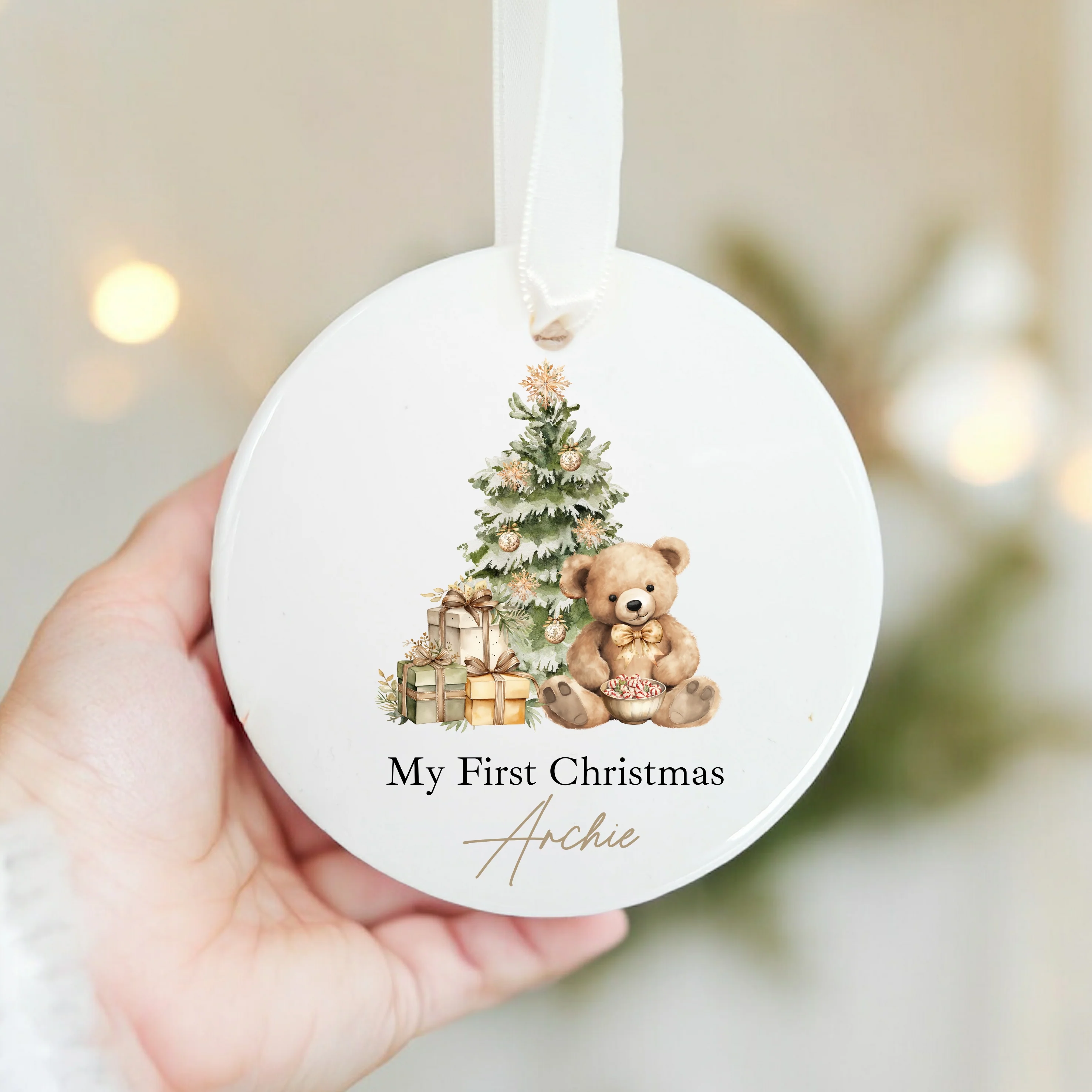 Personalised Beige Teddy Christmas Bauble - Image 3