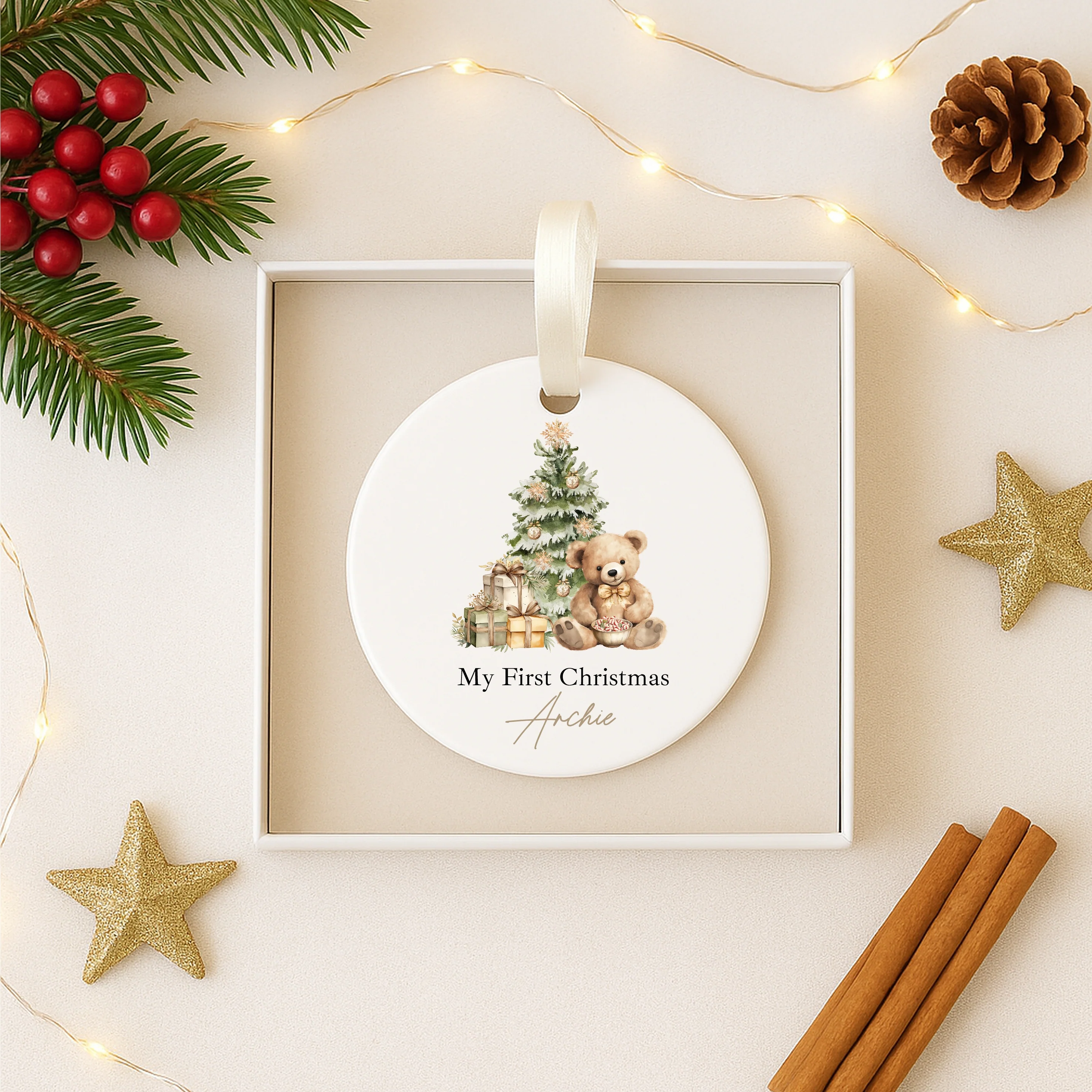 Personalised Beige Teddy Christmas Bauble - Image 4