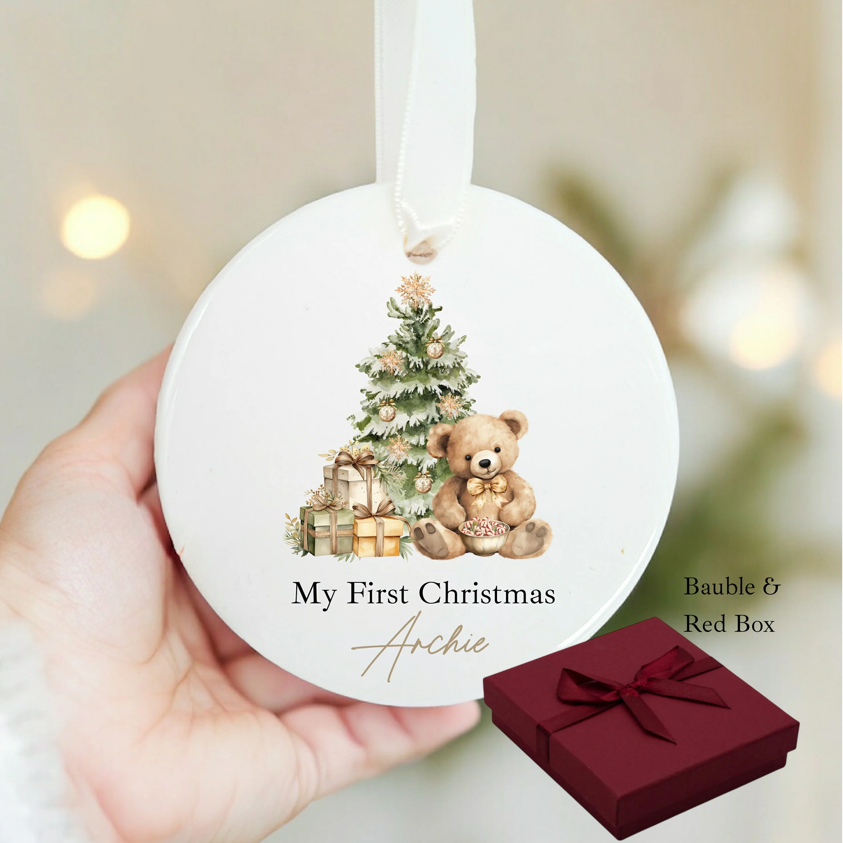 Personalised Beige Teddy Christmas Bauble - Image 6