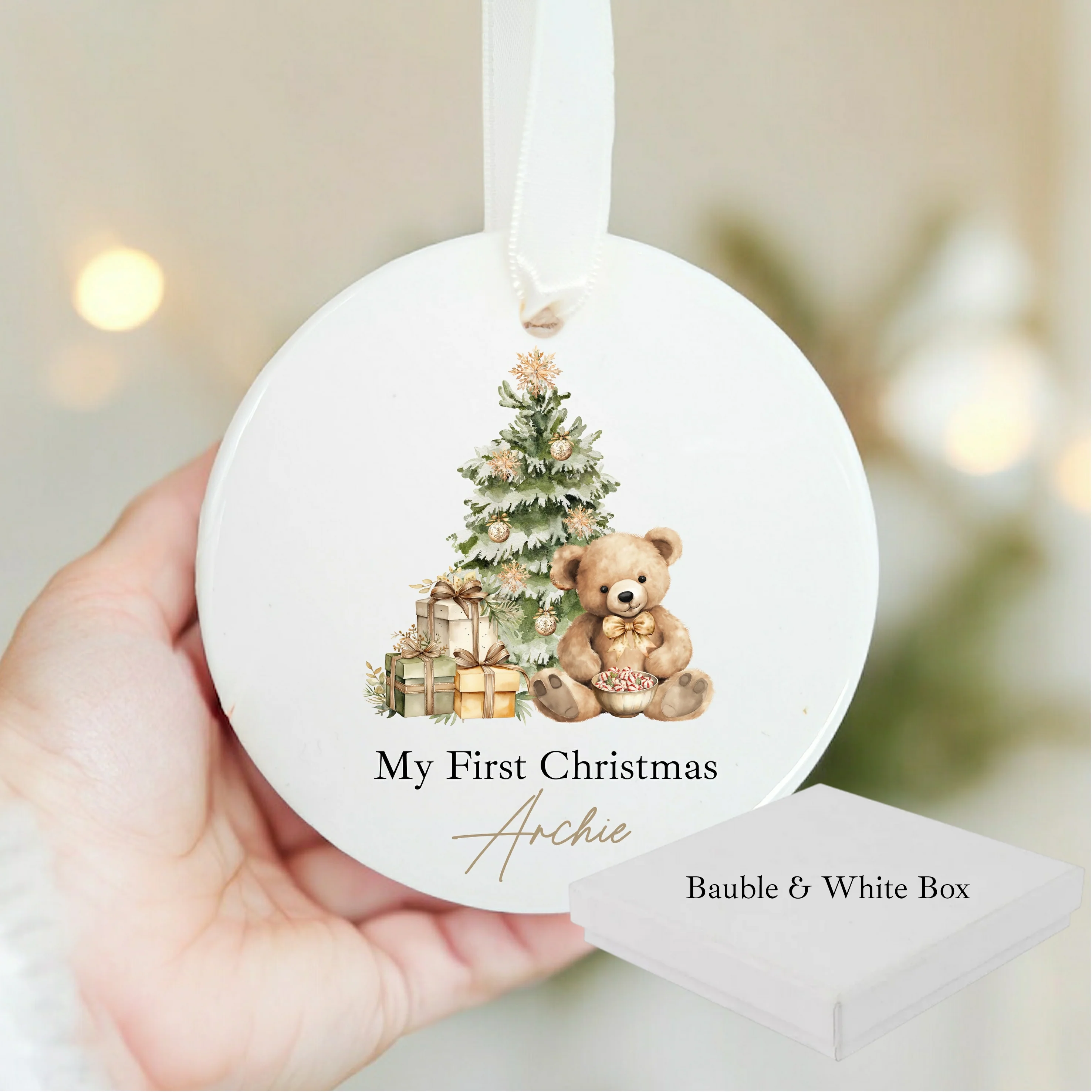 Personalised Beige Teddy Christmas Bauble - Image 7