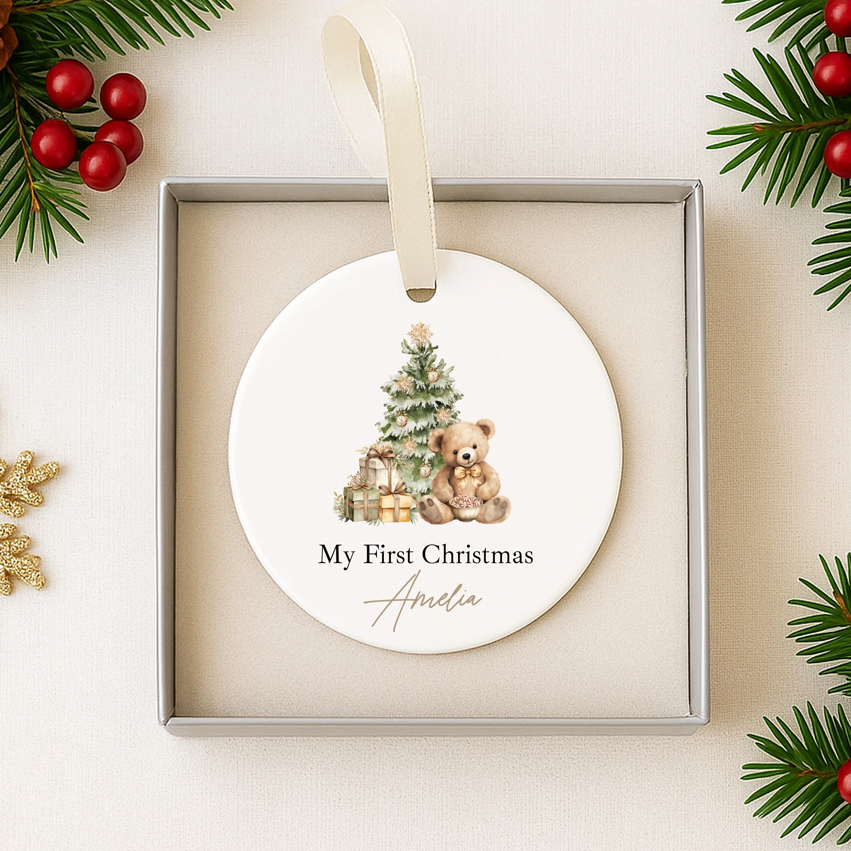 Personalised Beige Teddy Christmas Bauble - Image 8