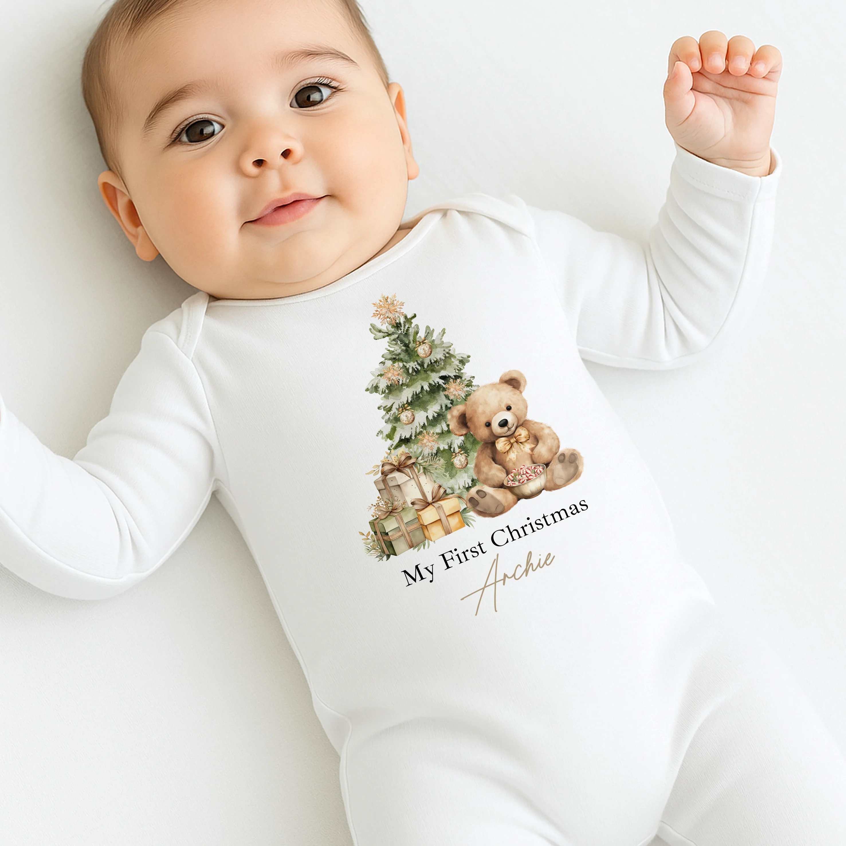 Personalised Beige Teddy First Christmas Baby Grow/Vest/Bib