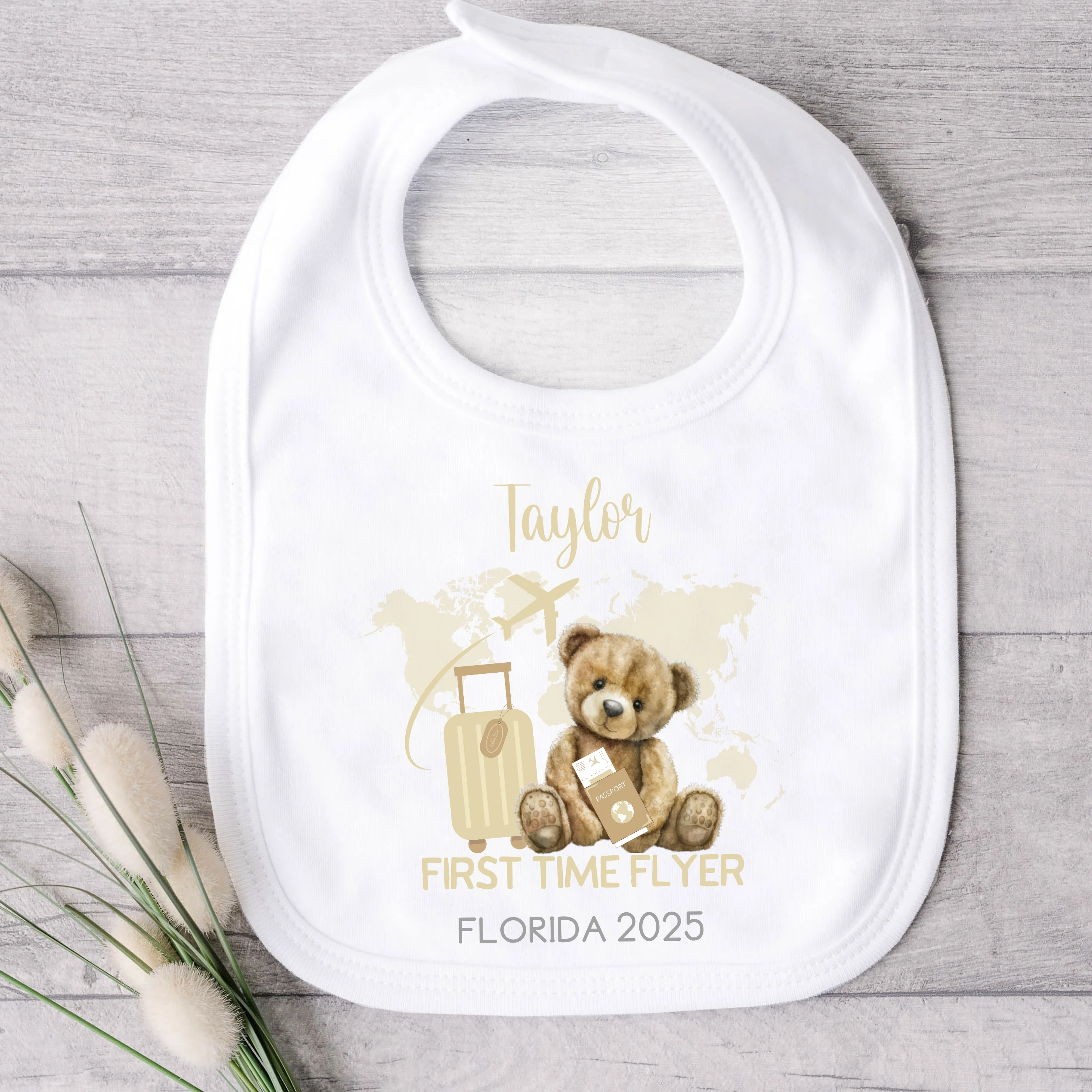 Personalised Beige Teddy First Time Flyer Baby Vest/T-shirt - Image 4