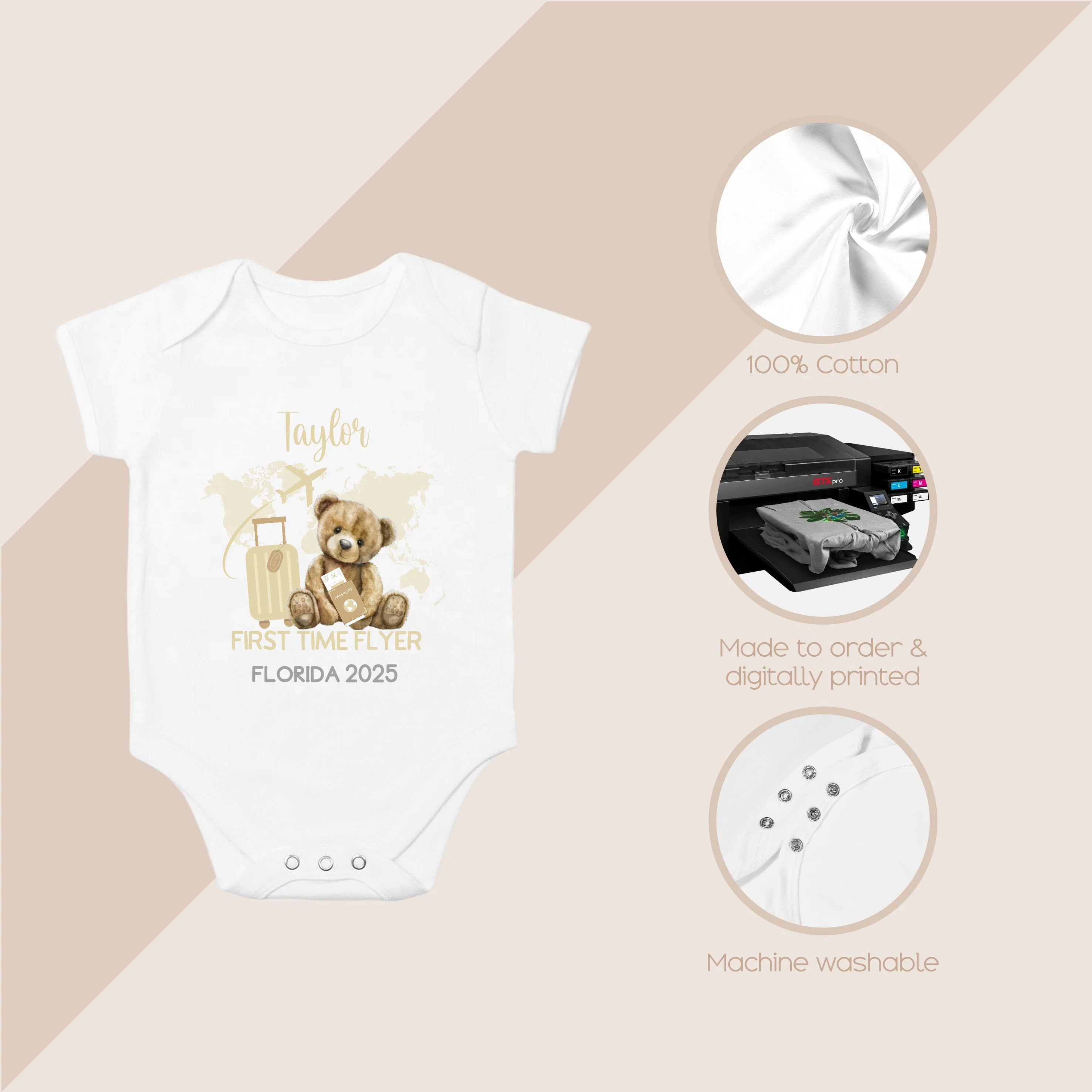 Personalised Beige Teddy First Time Flyer Baby Vest/T-shirt - Image 6