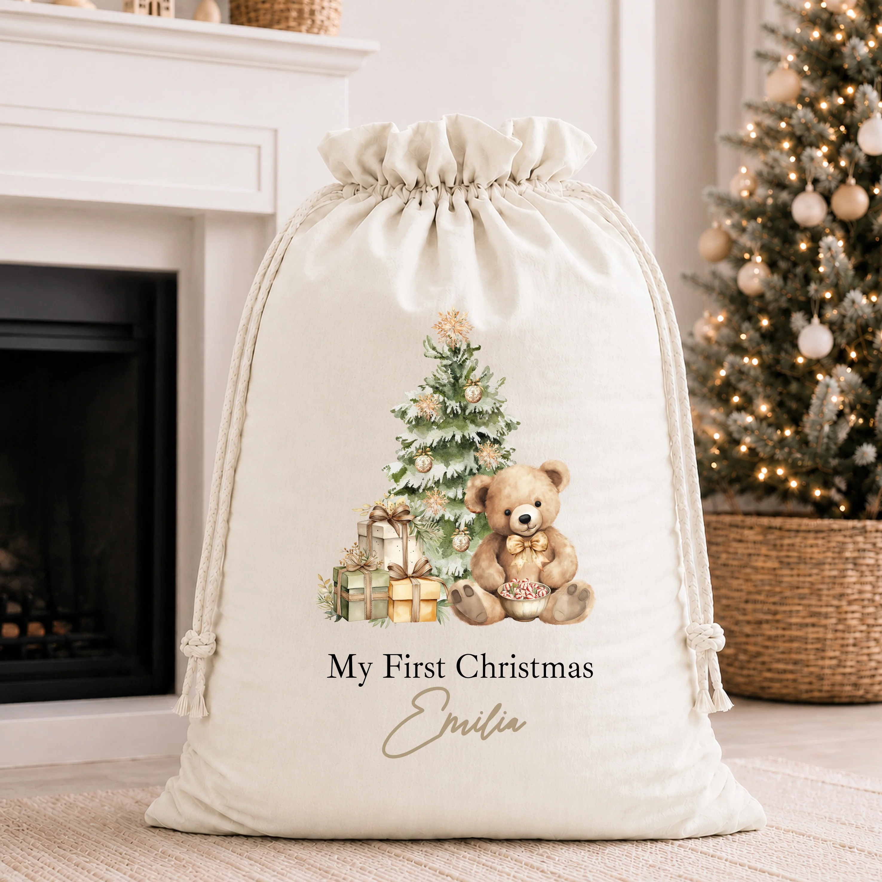 Personalised Beige Teddy My First Christmas Stocking or Santa Sack - Image 2