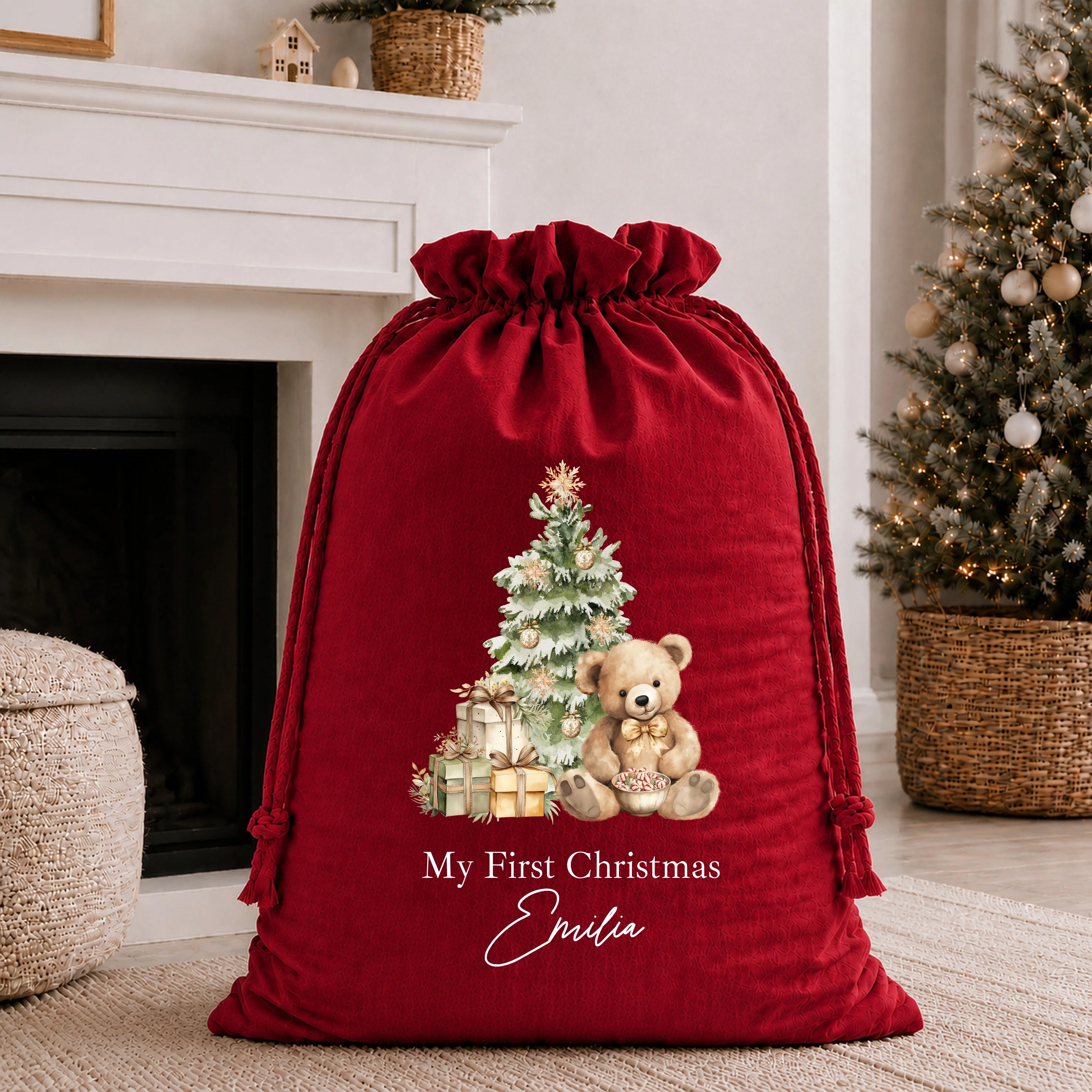 Personalised Beige Teddy My First Christmas Stocking or Santa Sack - Image 3
